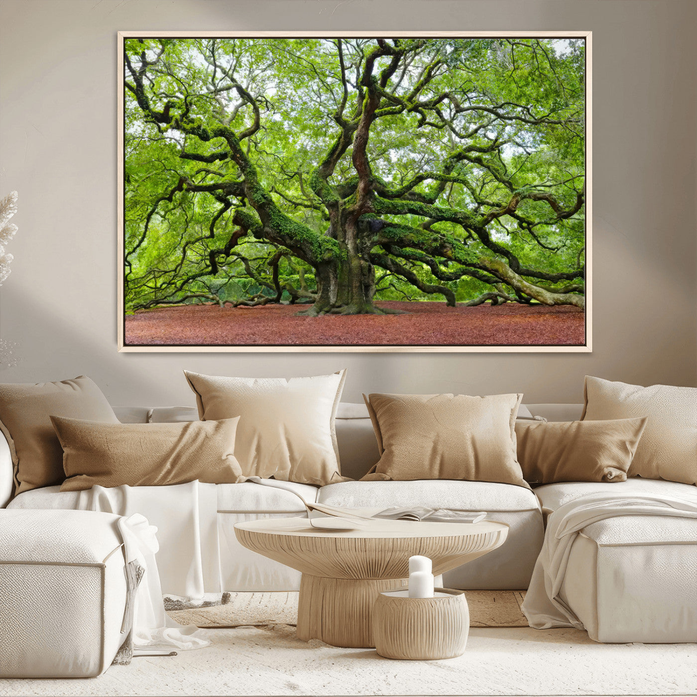 MGV-FC-36X24 - Framed Angel Oak Tree Wall Art - 3-Panel Canvas Prints, Large Green Nature Artwork, Ready to Hang