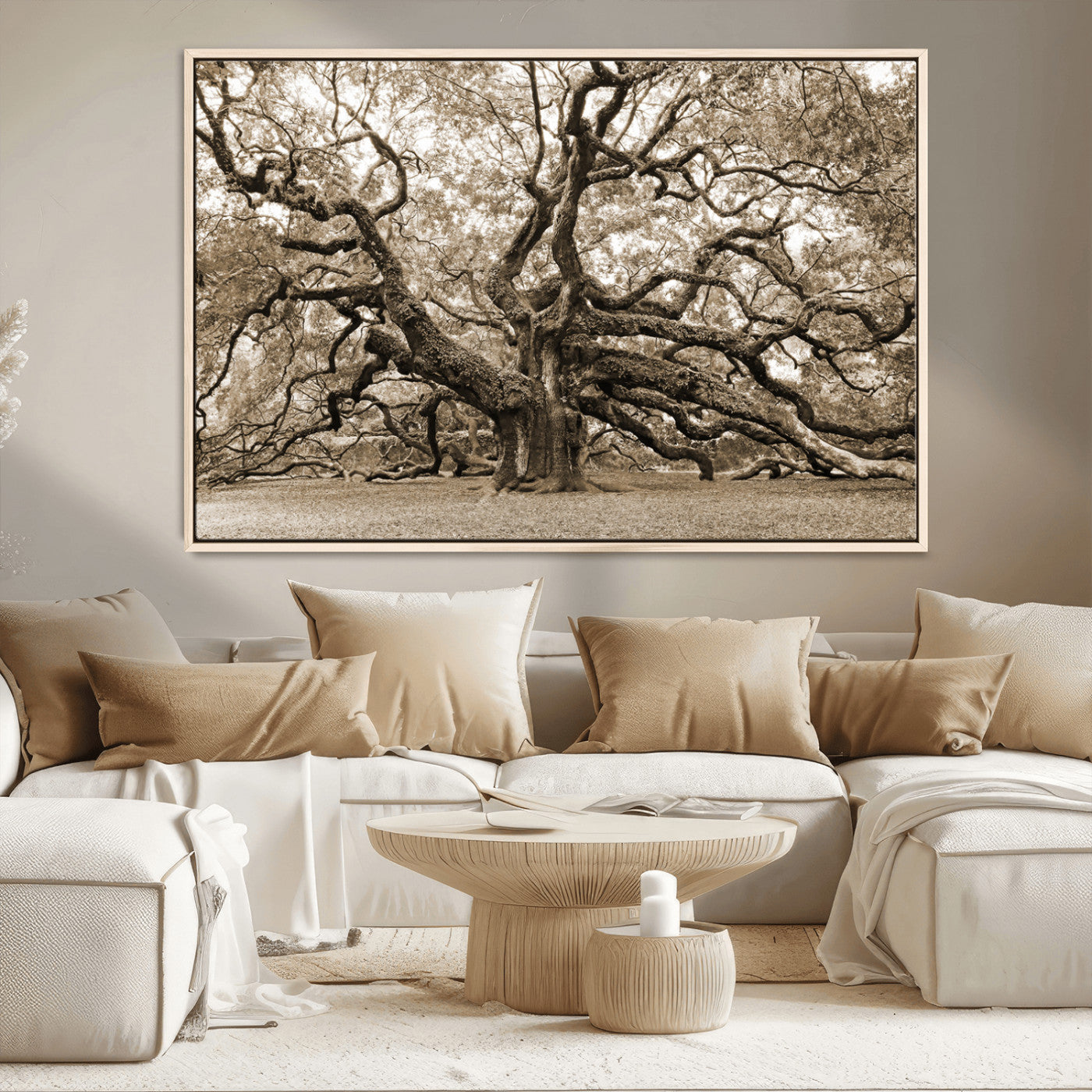 51126-MGV-CV-36X24-Sepia Framed Angel Oak Tree Wall Art - 3-Panel Canvas Prints, Large Green Nature Artwork, Ready to
