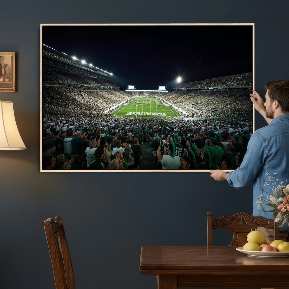 57523-PAN-FL-20X10 - Framed Michigan State Spartans Football Team Print - East Lansing Spartan Stadium Wall Art Canvas