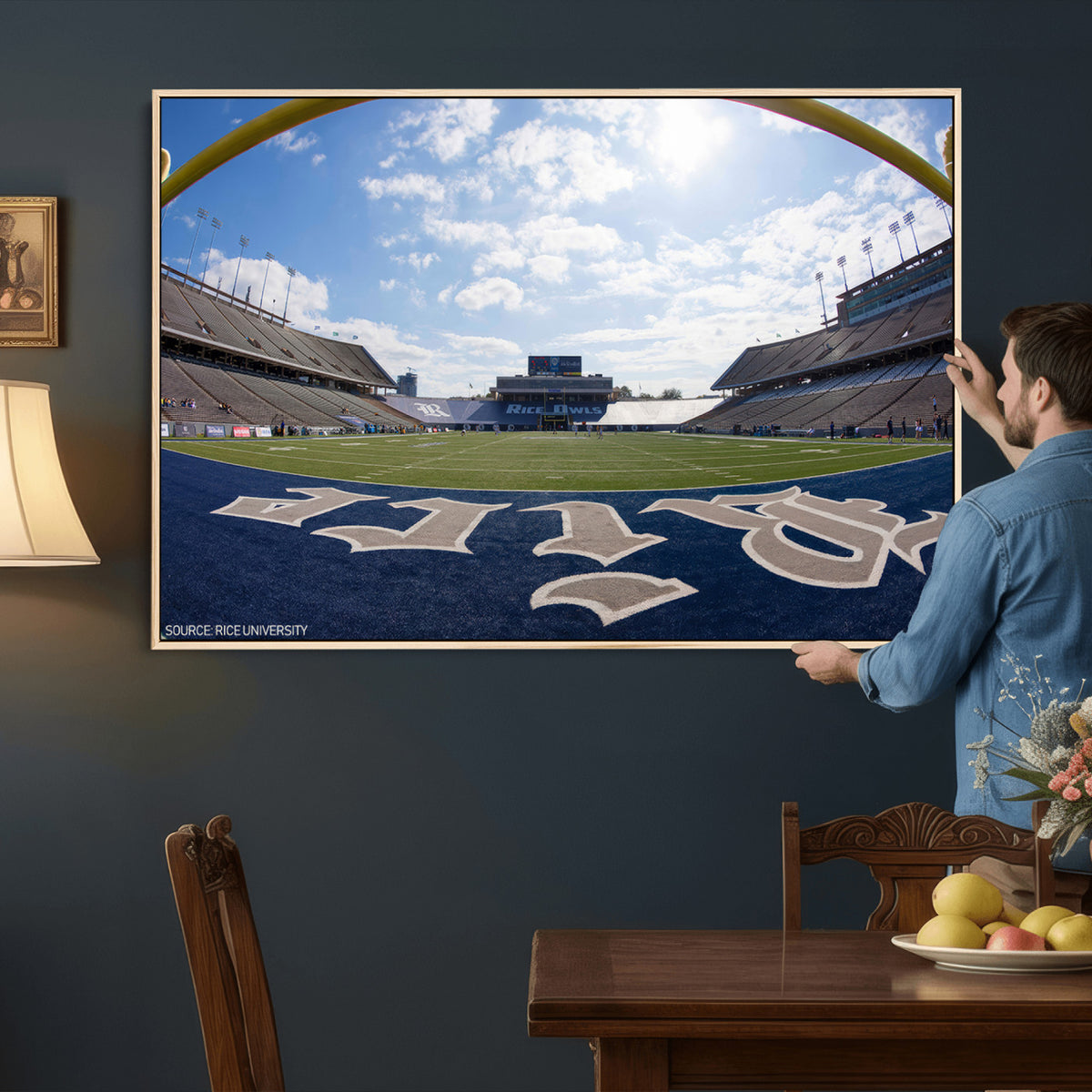 50267-MGV-CV-36X24 - Rice University Owls Football Team Print, Houston Rice Stadium, Framed and Ready to Hang