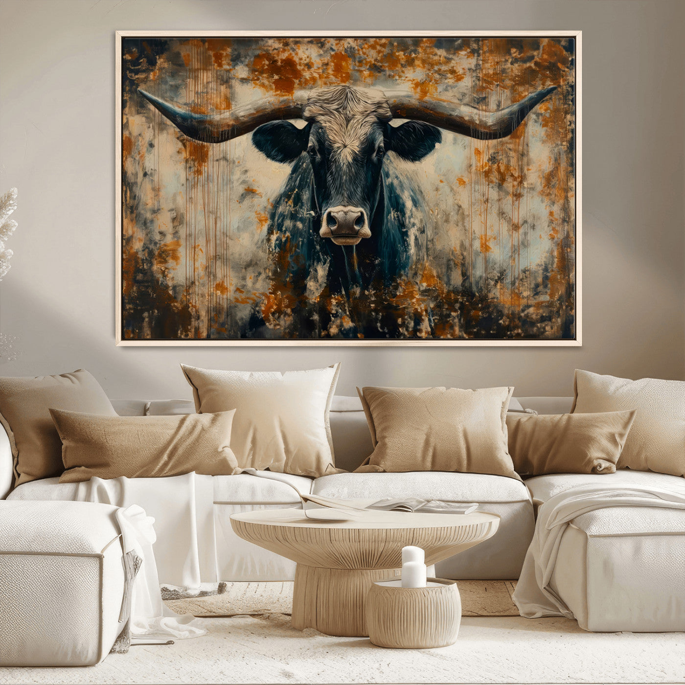 MGV-FC-36X24 - Abstract Longhorn Bull Wall Art | Rustic Western Wall Decor | Framed and Ready to Hang | Ideal for