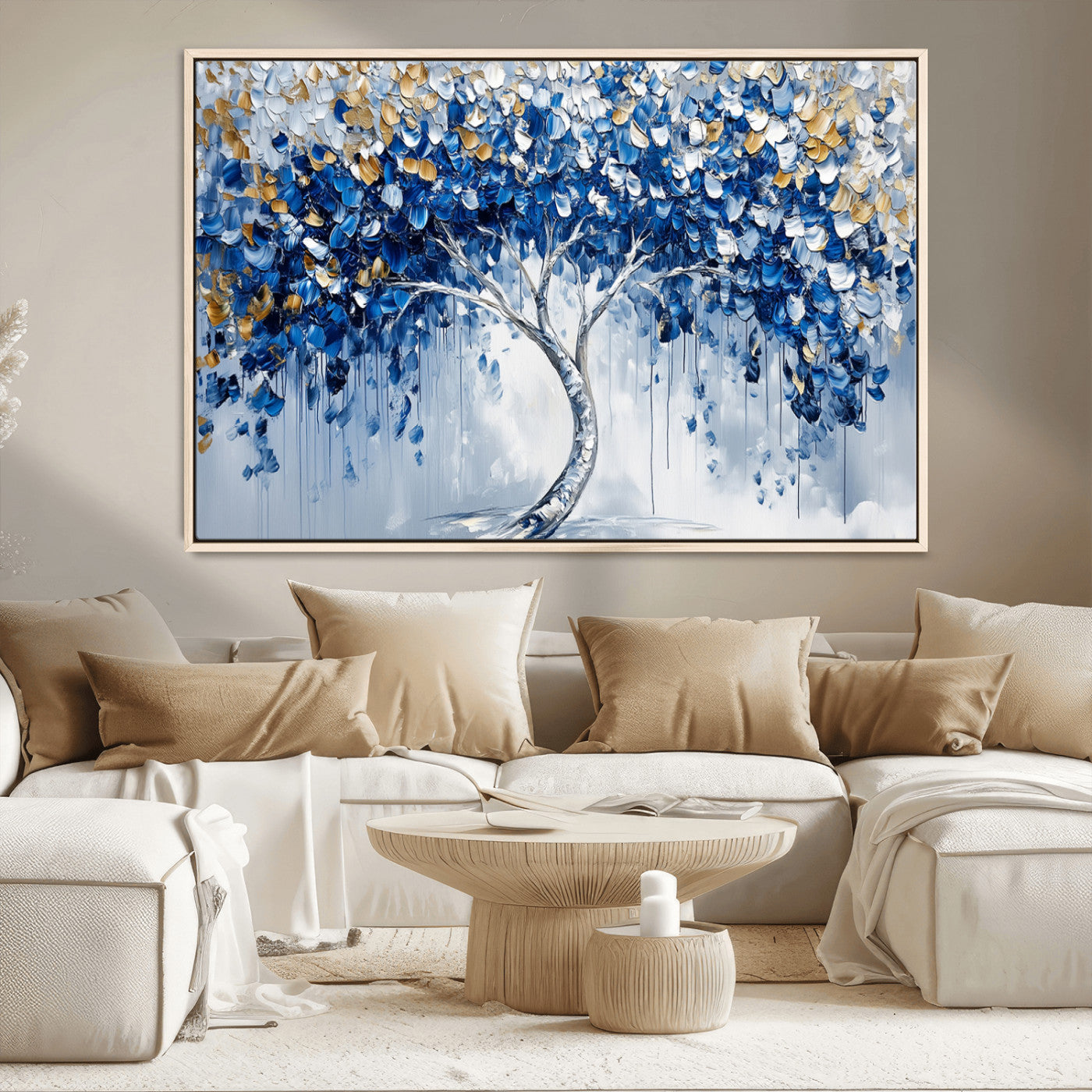 MGV-FC-36X24 - Blue and Gold Abstract Tree Wall Art Canvas Print | Modern Tree of Life Painting | Framed Canvas
