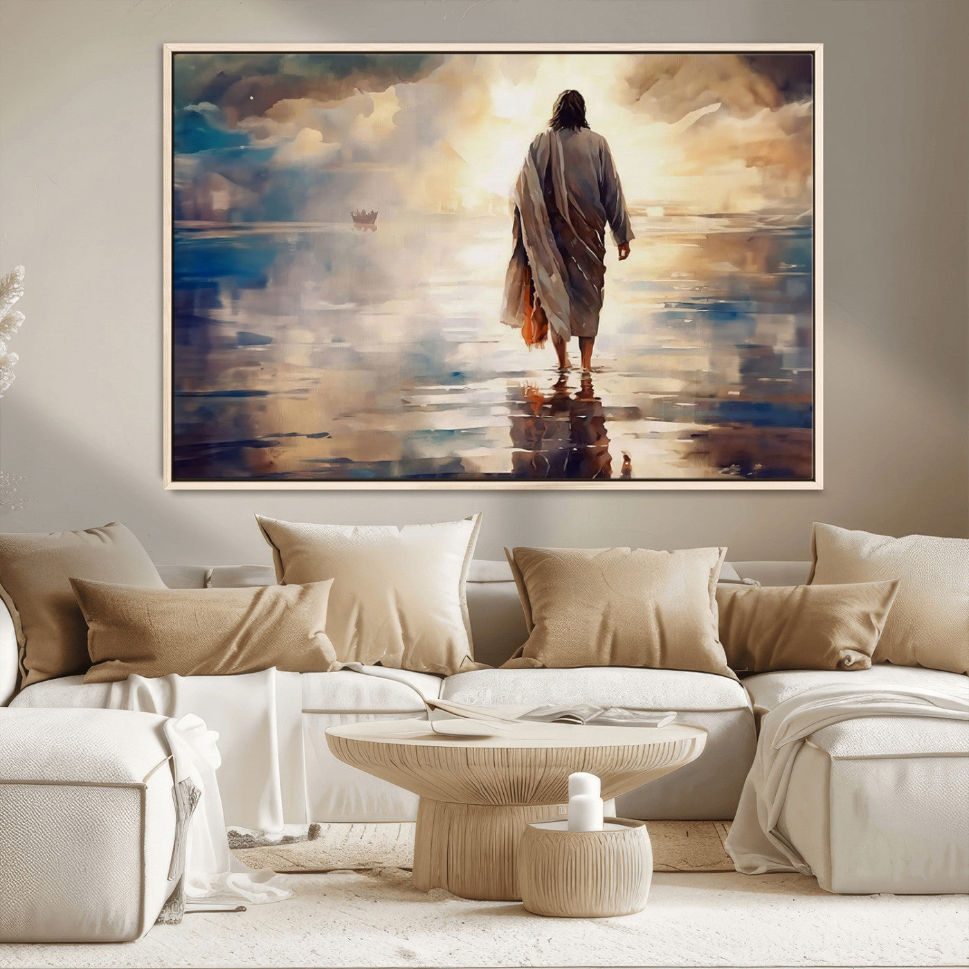 MGV-FC-36X24 - Jesus Walking on Water Wall Art | Ready to Hang Spiritual Triptych Canvas Print | Inspirational