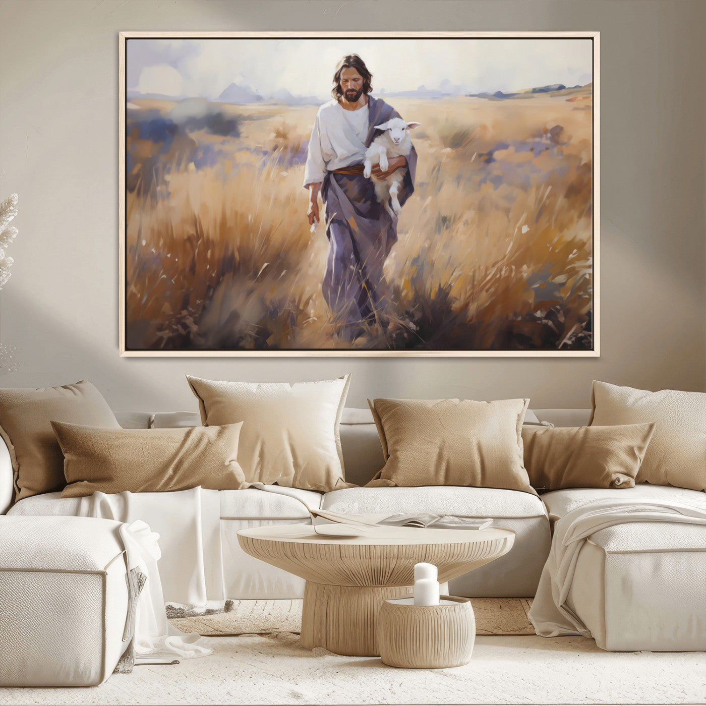 MGV-FC-36X24 - Jesus the Good Shepherd Wall Art Canvas Print - Lost Lamb Print for Prayer Room Decor
