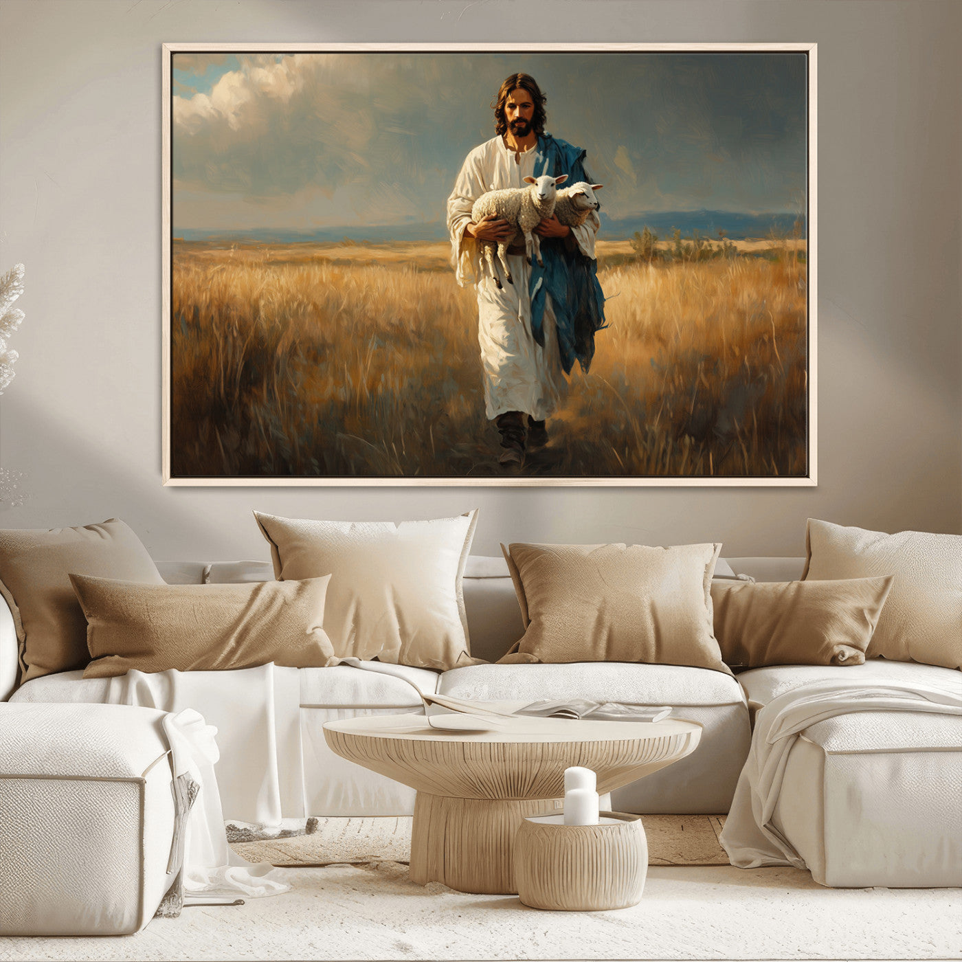 MGV-FC-36X24 - Jesus Shepherd Wall Art | Ready to Hang Triptych Canvas of Jesus Holding a Lamb in a Field |