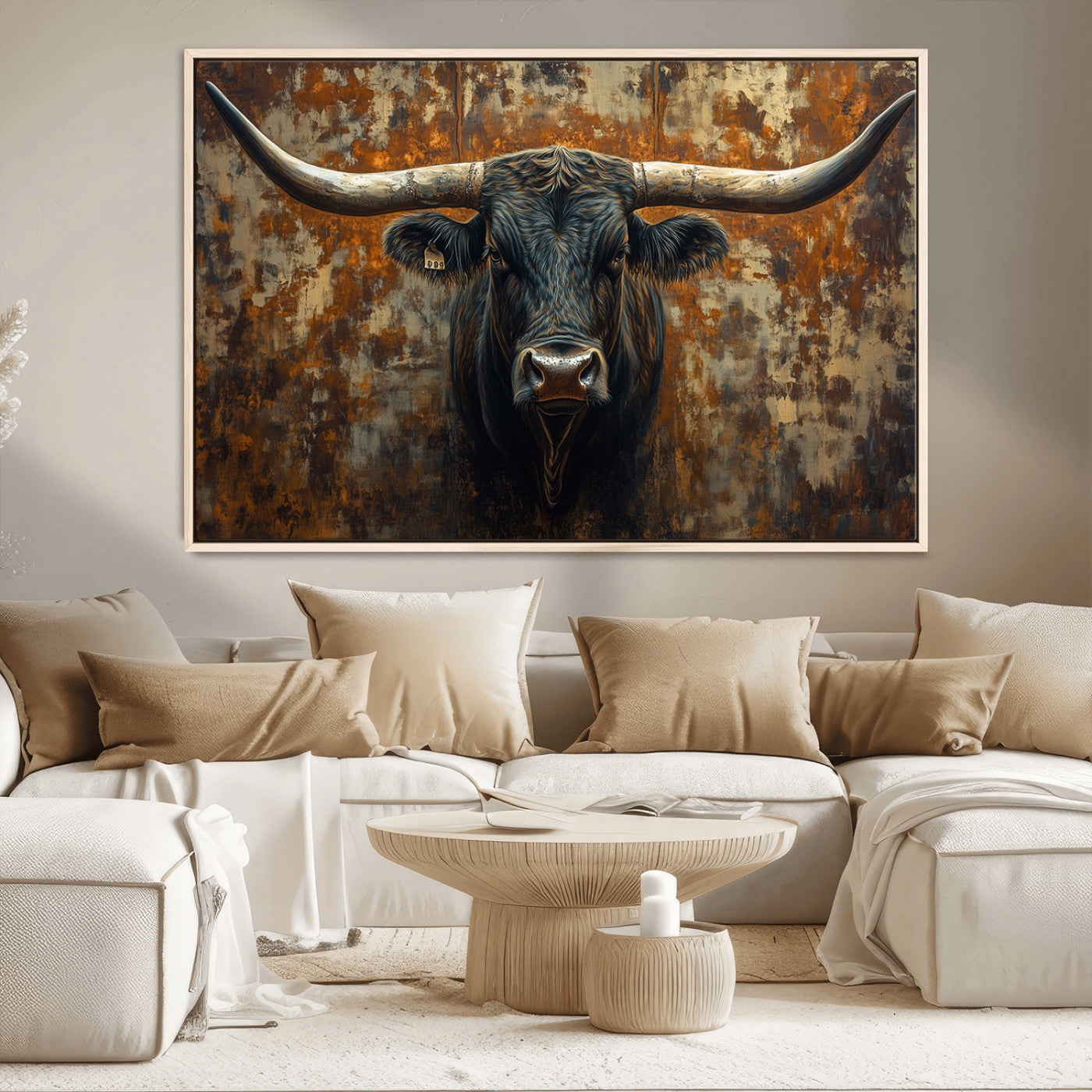 MGV-FC-36X24 - Longhorn Texas Cow Bull Wall Art | Rustic Farmhouse Canvas Print | Ready to Hang Barn Decor for