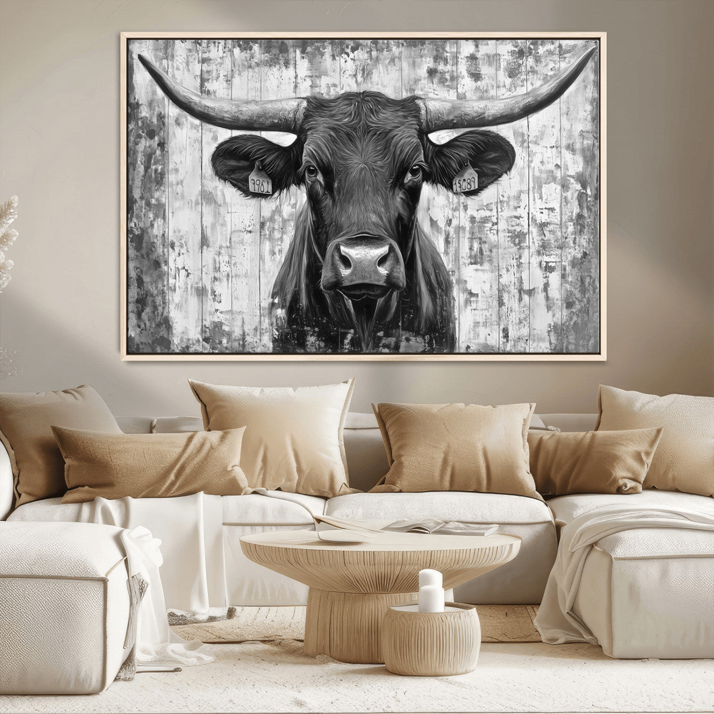 MGV-FC-36X24 - Abstract Longhorn Bull Wall Art Canvas Print - Rustic Texas Western Cow Artwork