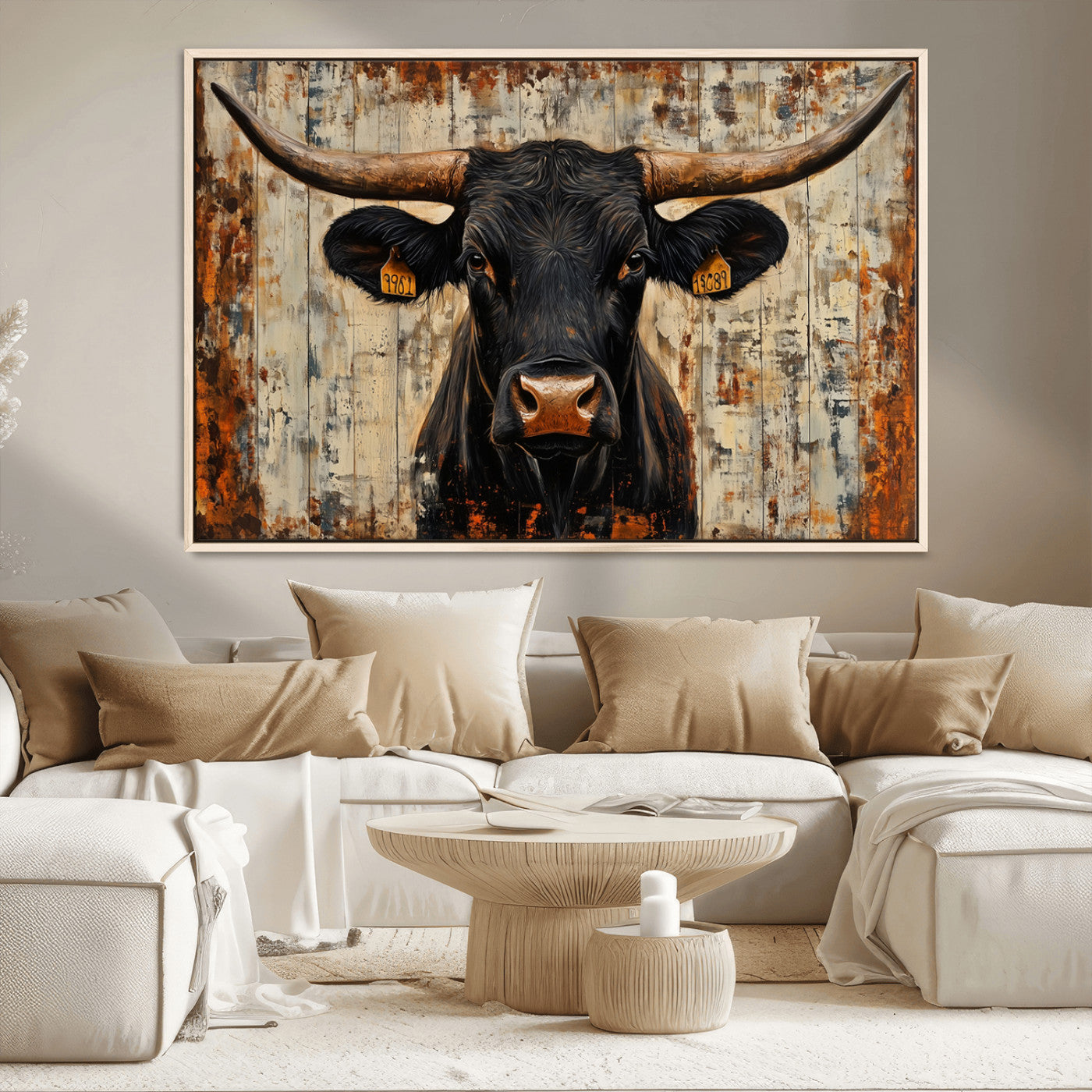 MGV-FC-36X24 - Rustic Texas Artwork Wall Art Canvas Print - Abstract Cow Longhorn Bull Wall Art Canvas Print