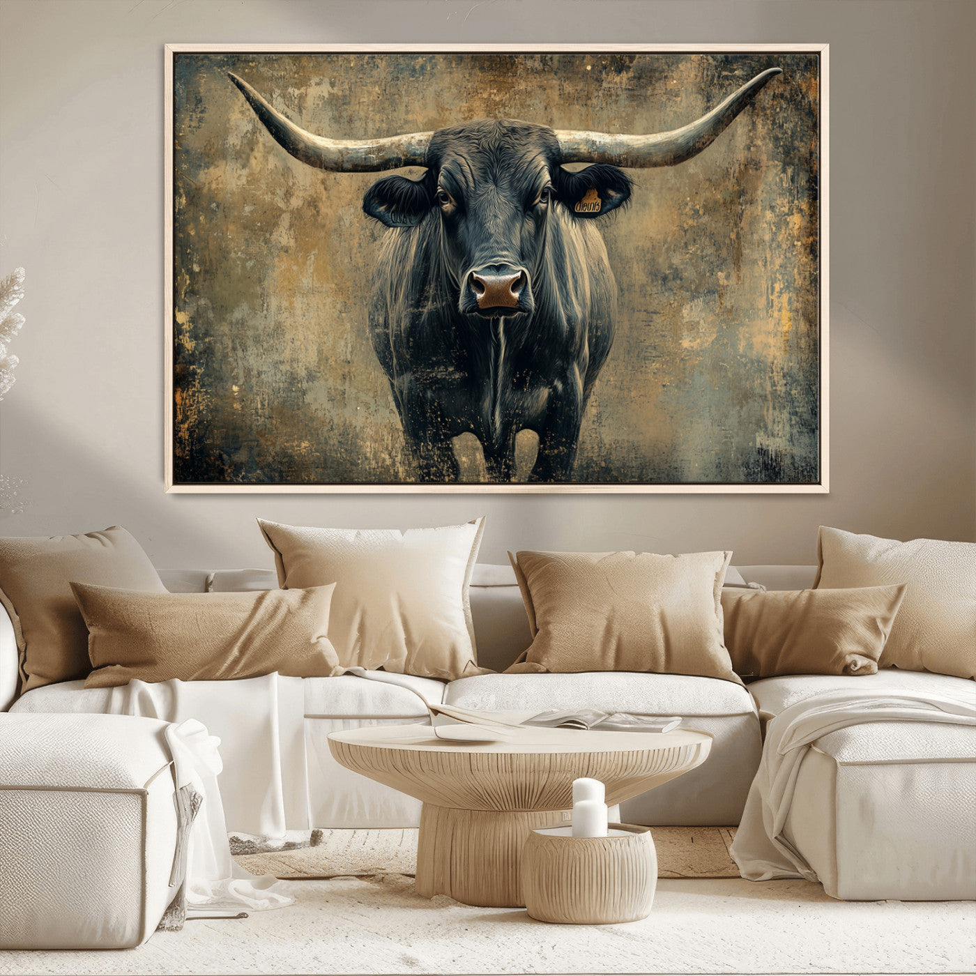 MGV-FC-36X24 - Longhorn Bull Wall Art Canvas Print, Framed Rustic Cow Art Picture Print, Texas Longhorn Perfect Western Decor Artwork