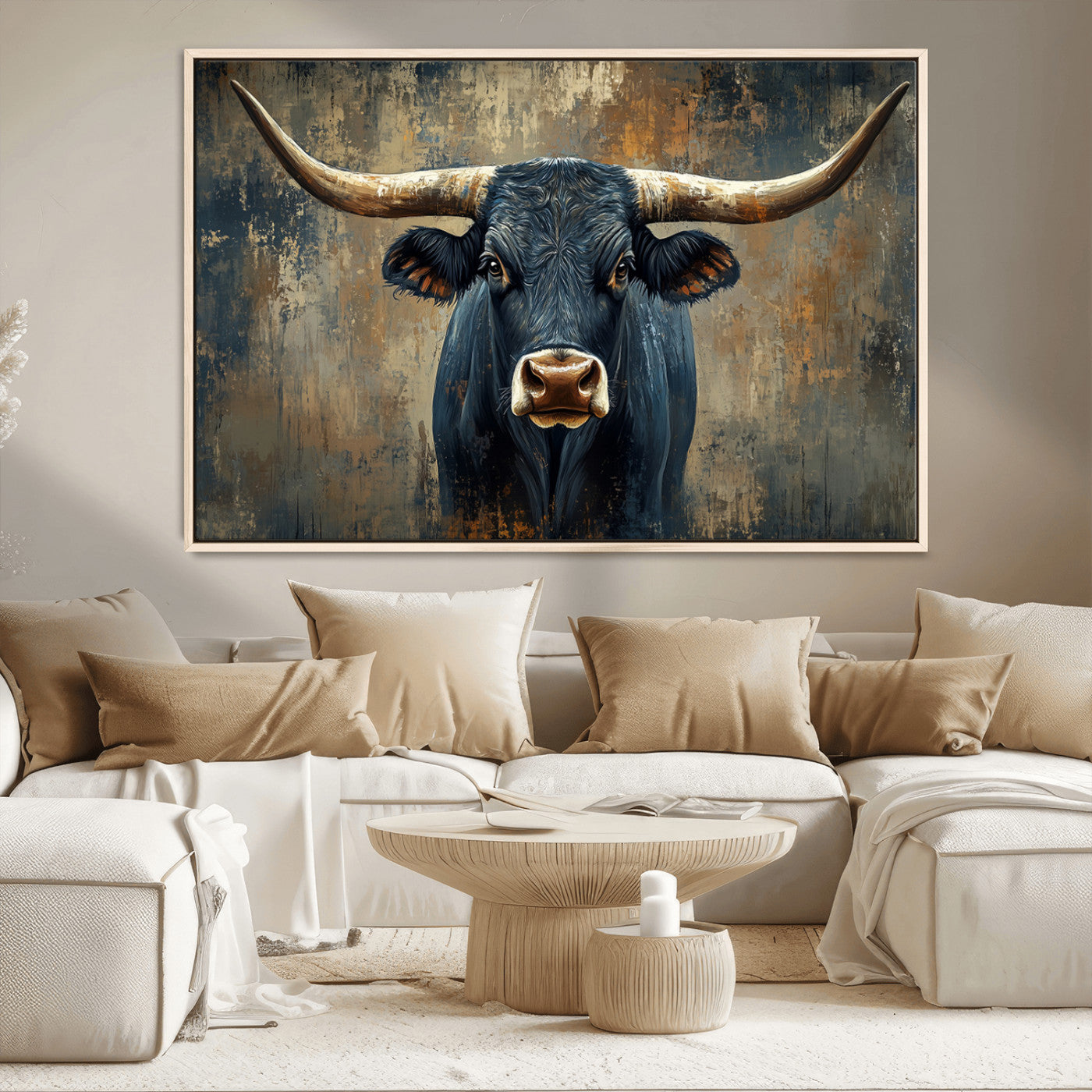 MGV-FC-36X24 - Texas Western Wall Art Canvas Print - Abstract Cow Longhorn Bull Wall Art Canvas Print - Rustic Cow