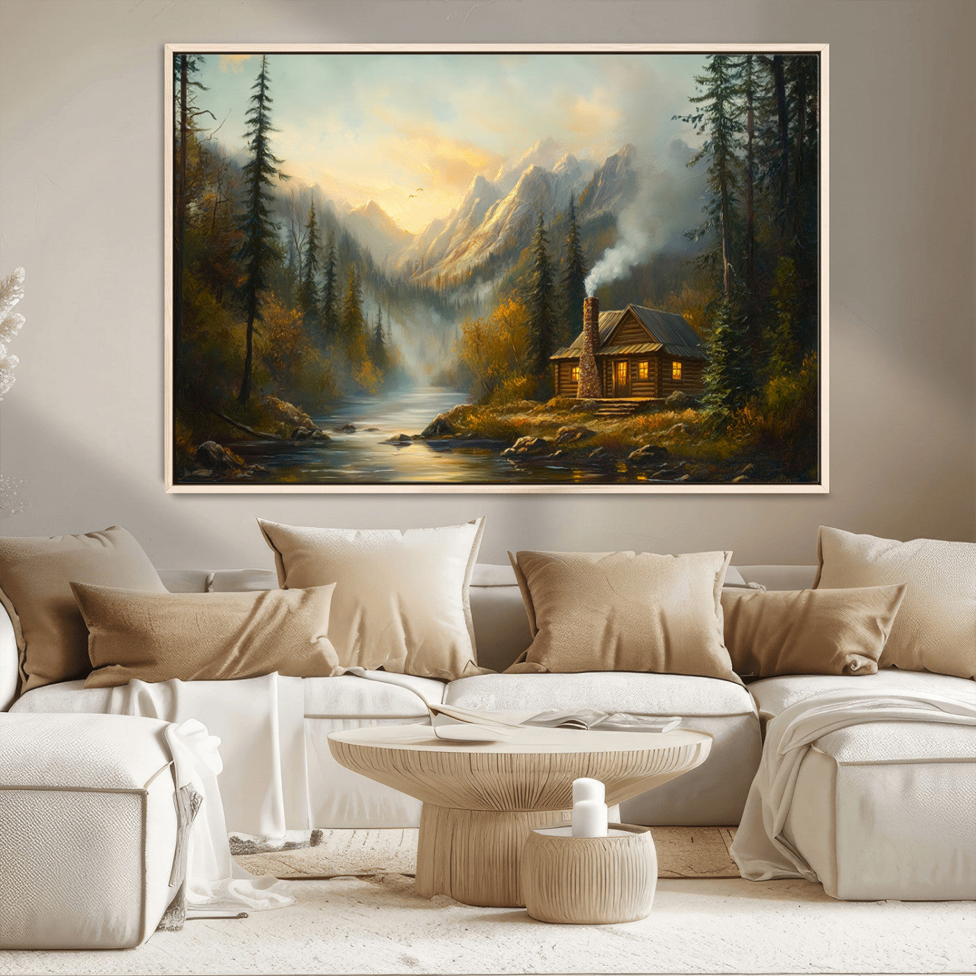 MGV-FC-36X24 - Wood Cabin Retreat Mountain at Sunset Wall Art Print - Serene Forest and River Landscape Wall Art