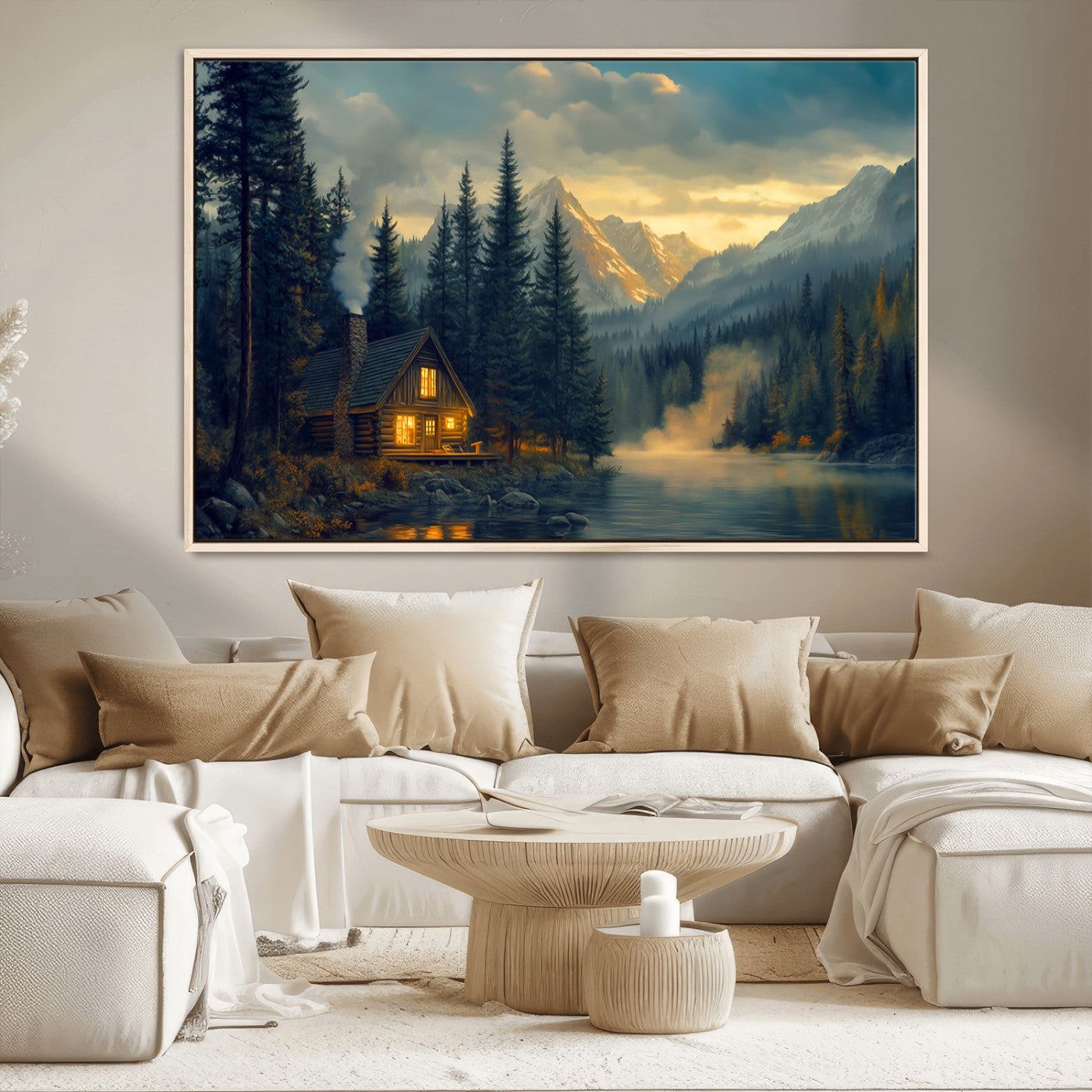 MGV-FC-36X24 - Mountain Cabin by the Lake at Sunset Wall Art - Serene Nature Canvas Print for Living Room Decor,