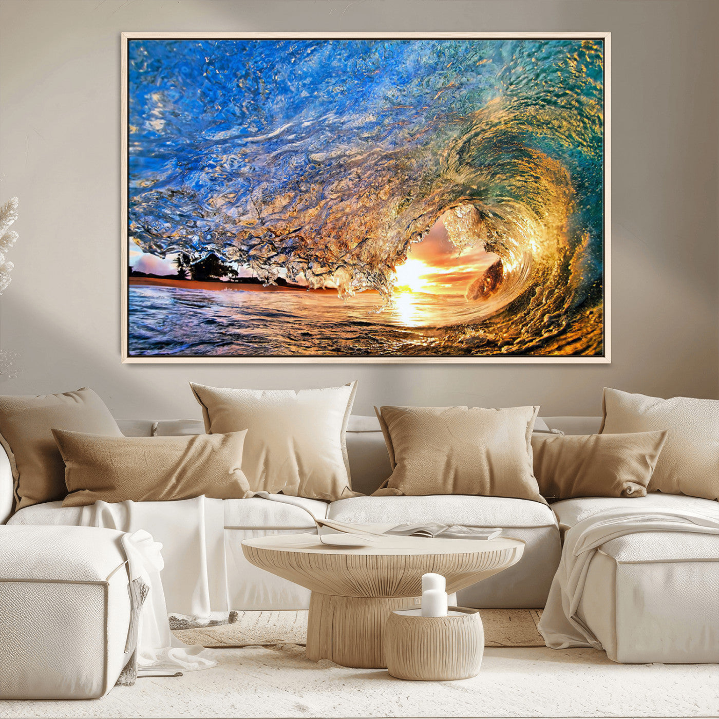 MGV-FC-36X24 - Ocean Wave at Sunset Canvas Wall Art – Vibrant Coastal Beach Waves Print, Large Nautical Decor,