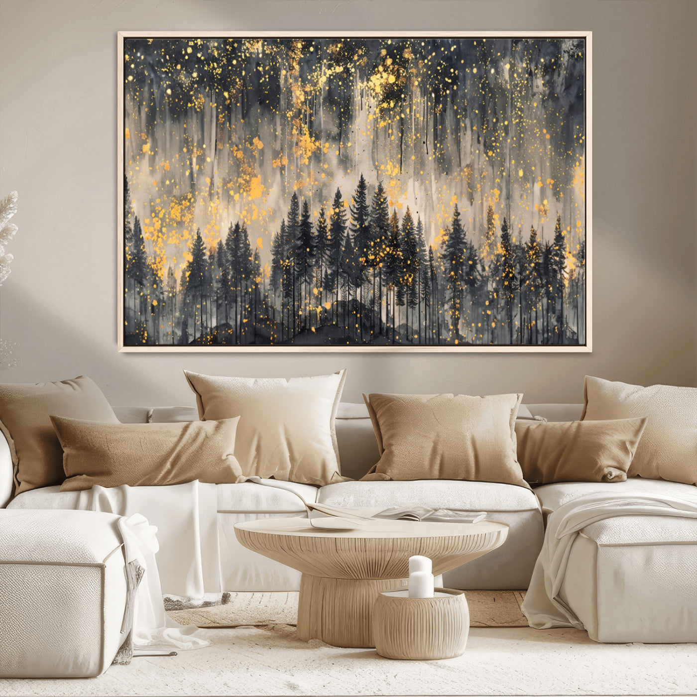 MGV-FC-36X24 - Golden Forest Abstract Wall Art | Dark Forest with Gold Splatter Accents | Triptych Ready to Hang