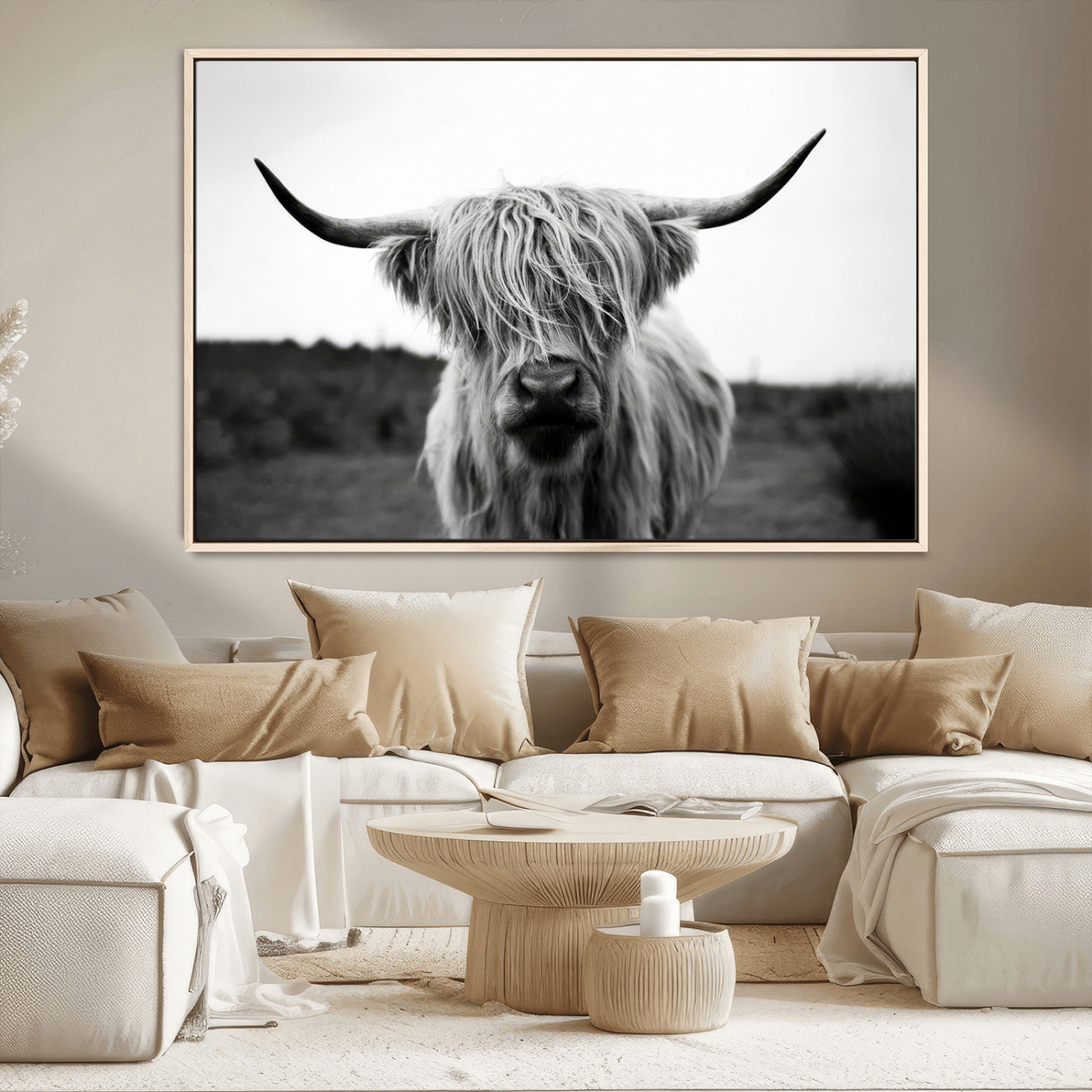 MGV-FC-36X24 - Highland Cow Wall Art | Black and White Farmhouse Decor | Triptych Canvas Print | Rustic Barn Decor