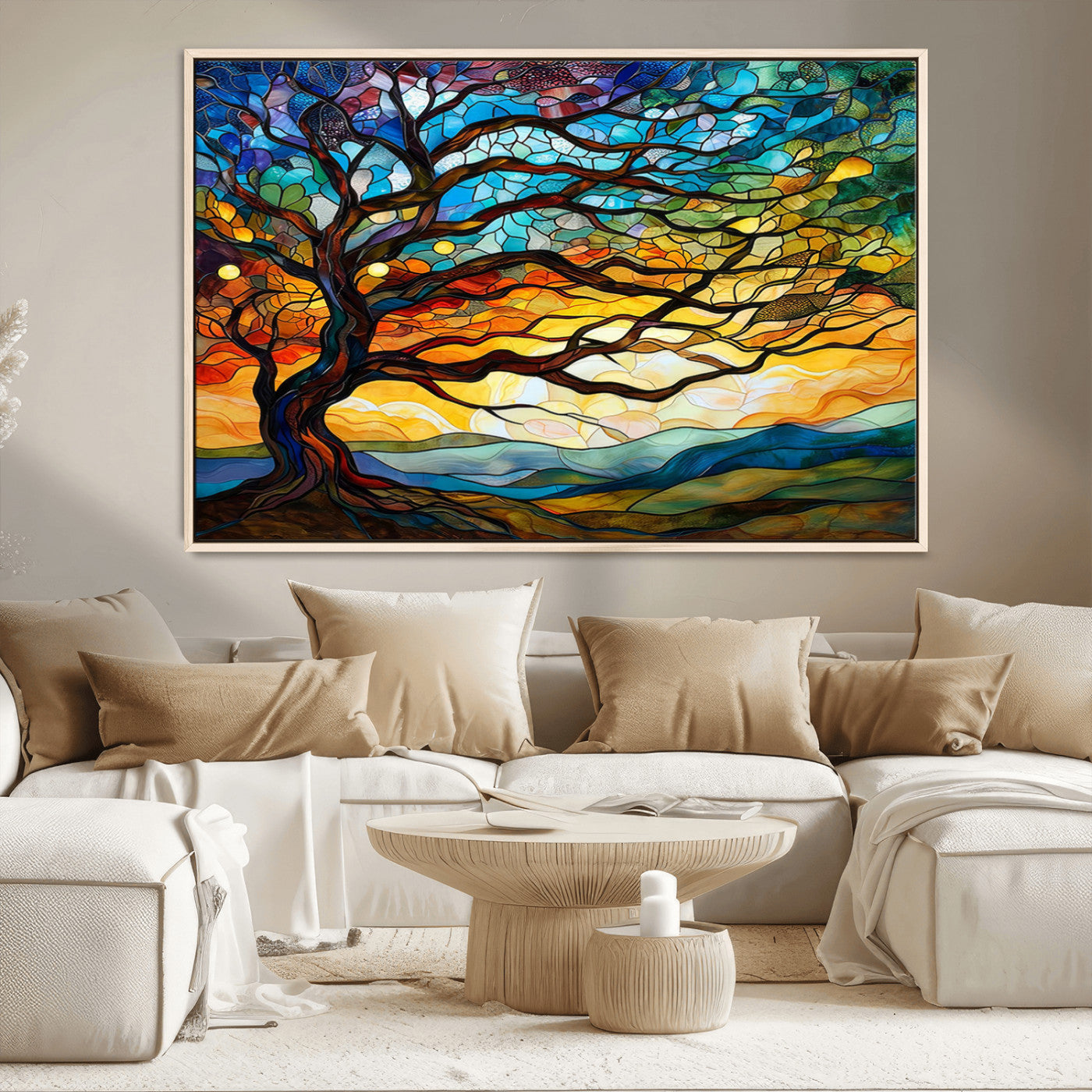 MGV-FC-36X24 - Mosaic Tree Wall Art | Ready to Hang Stained Glass Style Canvas Print | Farmhouse Wall Decor, Cabin