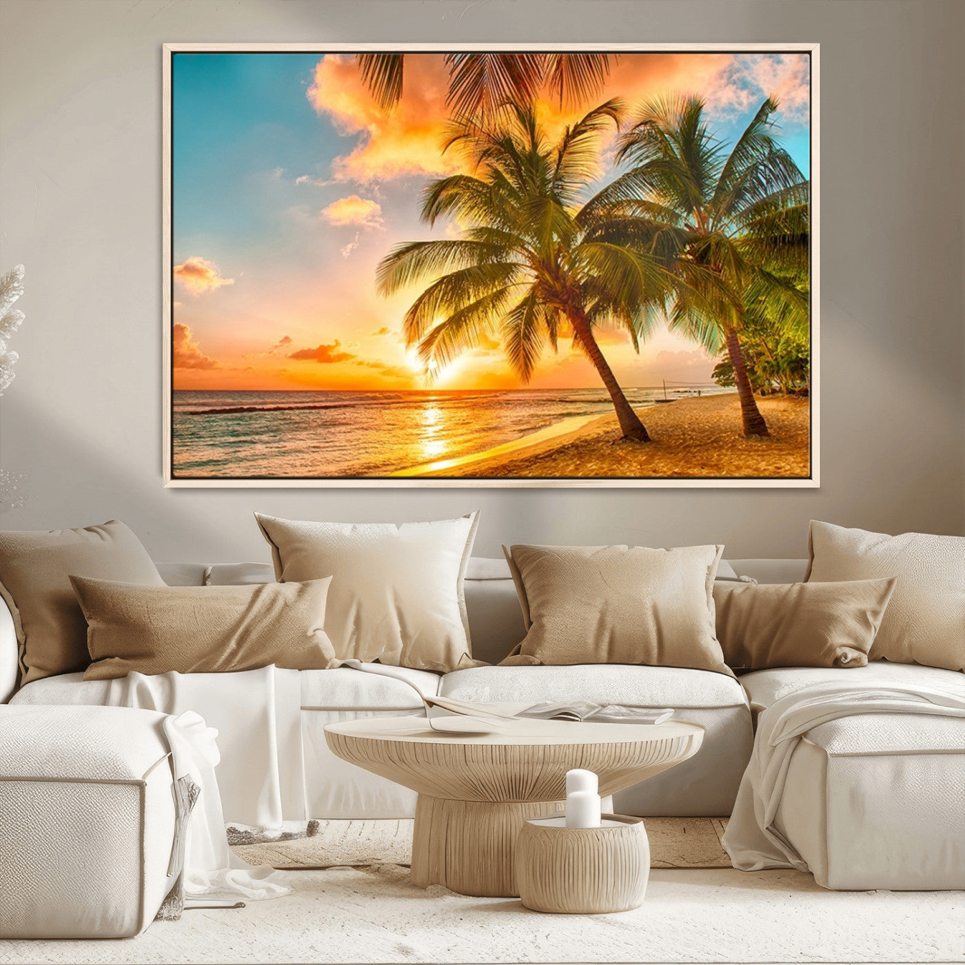 MGV-FC-36X24 - Tropical Sunset Beach Canvas Wall Art Print – Vibrant Palm Trees and Coastal Sunset Wall Decor for