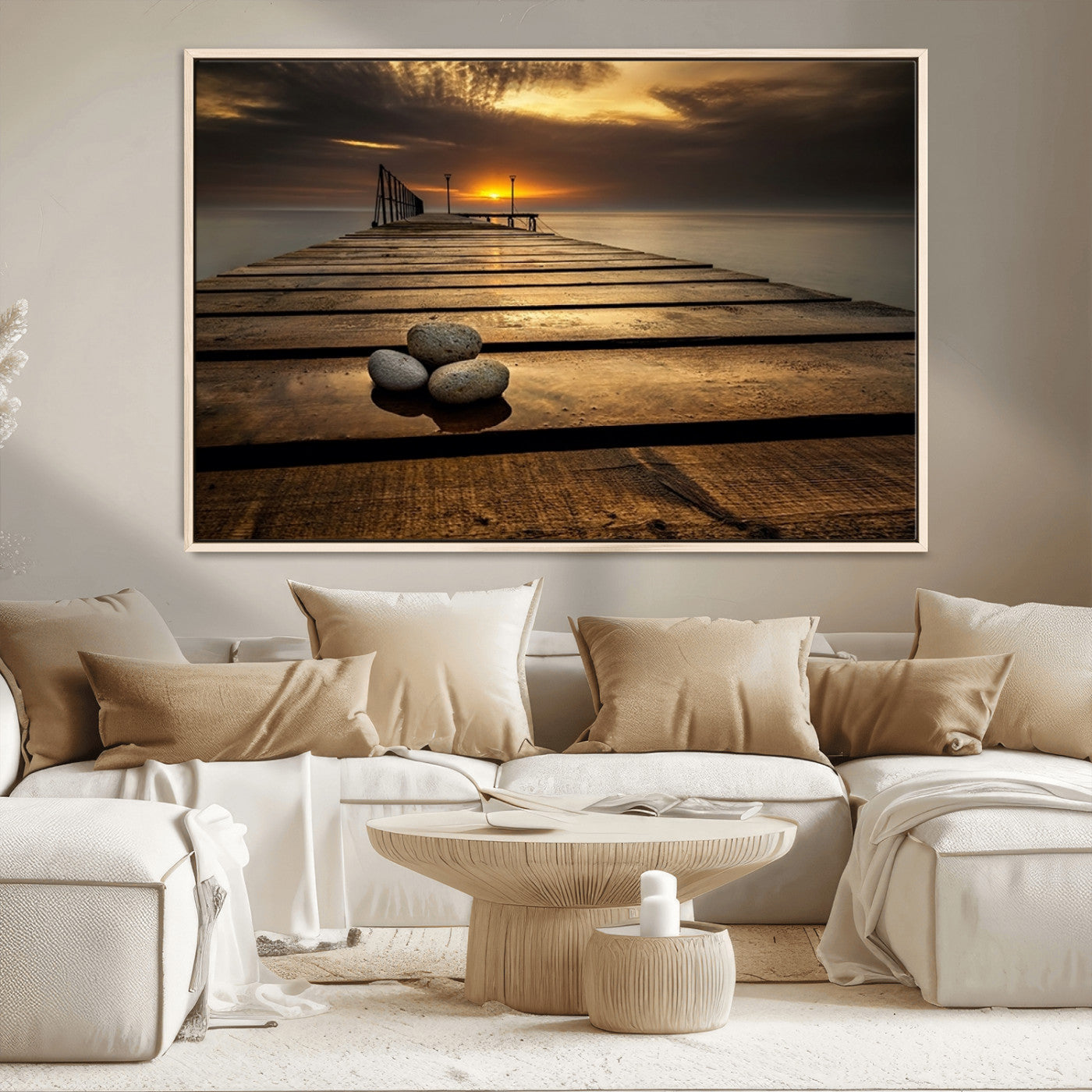 MGV-FC-36X24 - Stones on Wooden Pier at Sunset Canvas Print, Serene Coastal Wall Art, Beach Sunset Photography,