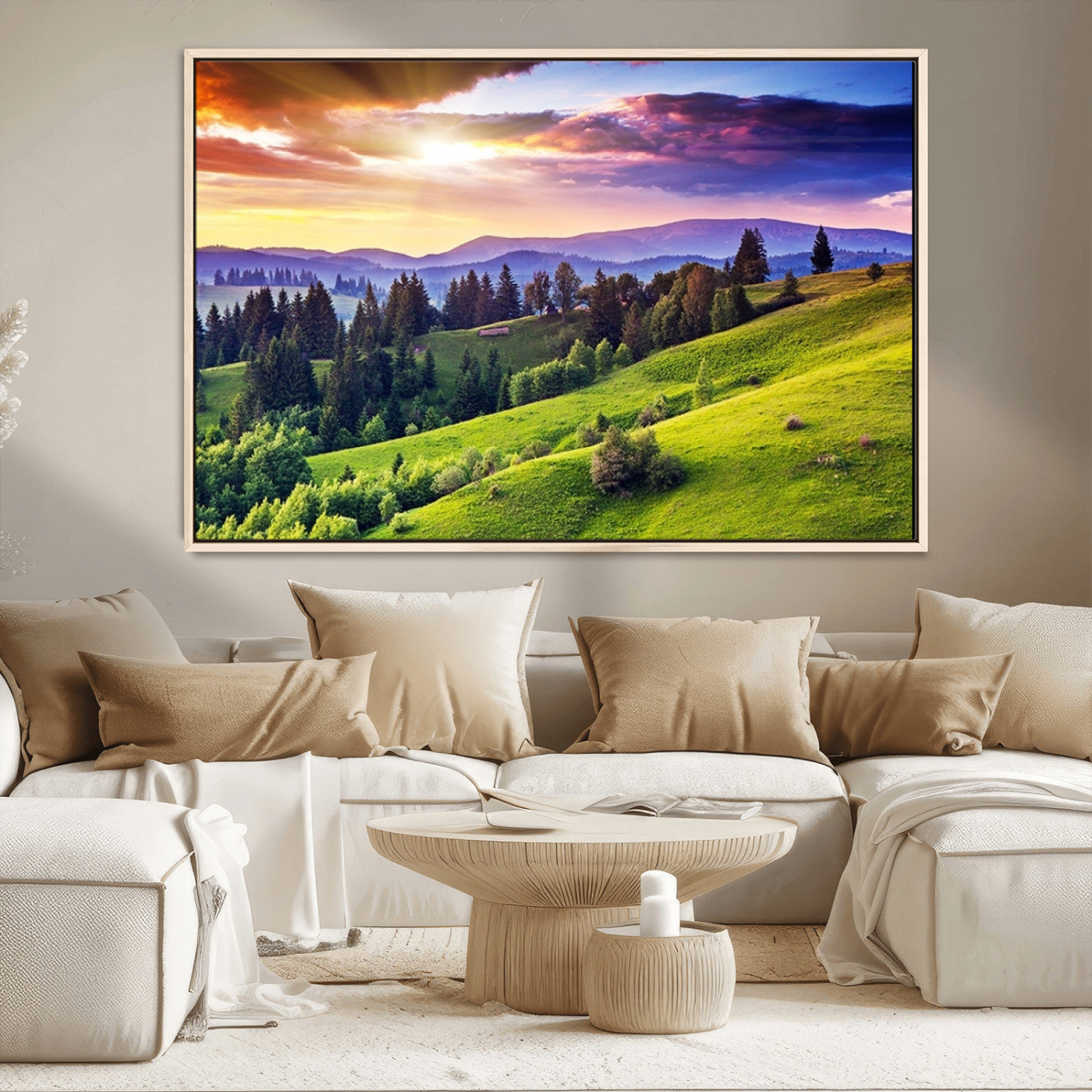 MGV-FC-36X24 - Green Hills and Sunset Wall Art Print - Scenic Landscape with Lush Greenery and Vibrant Sky, Ready