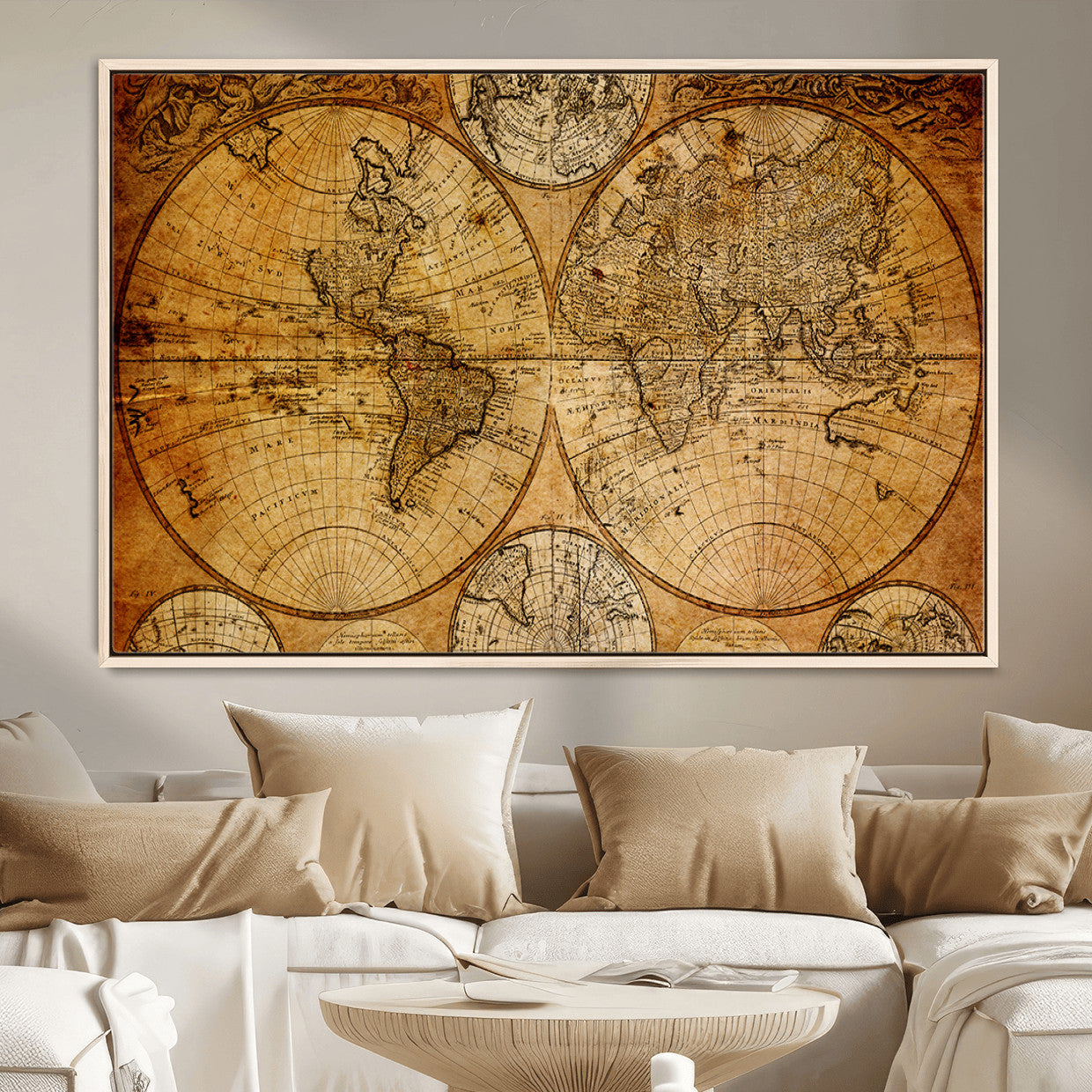 25517-MGV-FC-36X24 - Vintage World Map Canvas Print – Antique Push Pin Travel Map, Framed Wall Art for Home or Office Decor