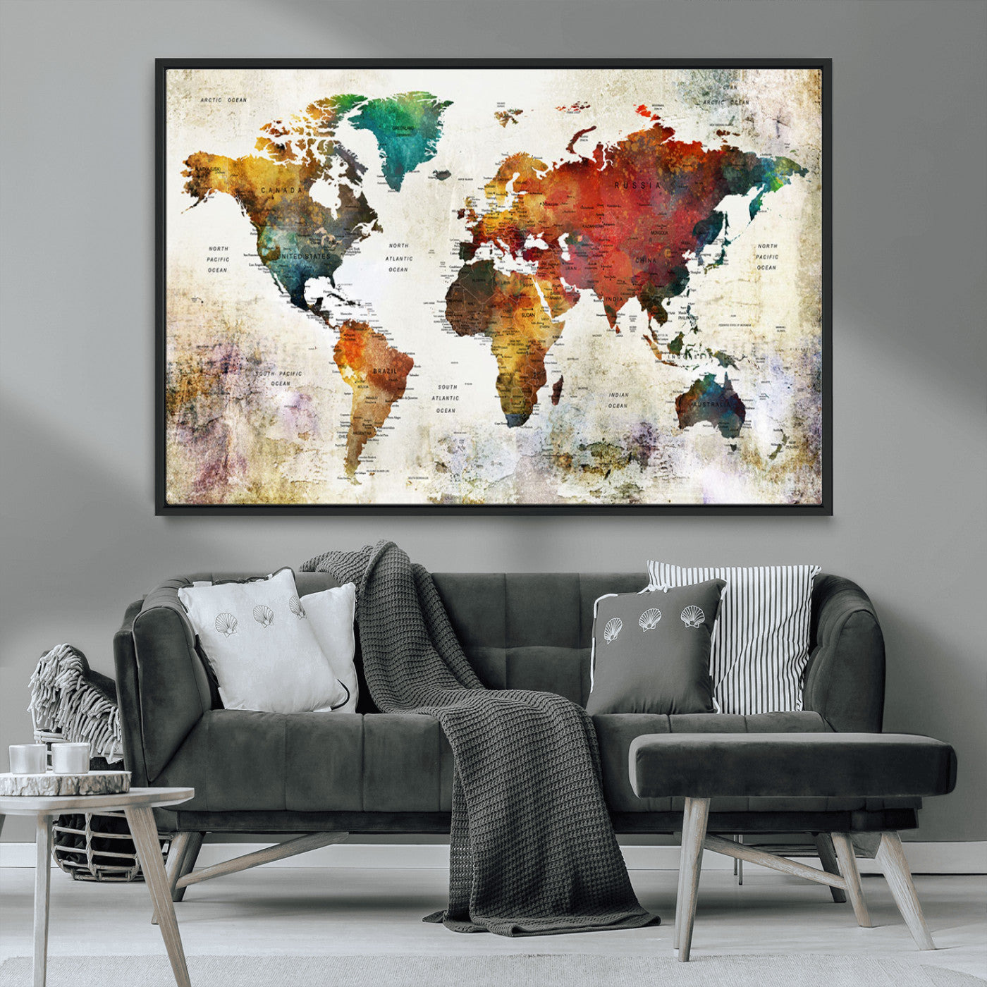 -Push Pin World Map Canvas Print – Framed Wall Art for Couples to Track Their Travels – Anniversary