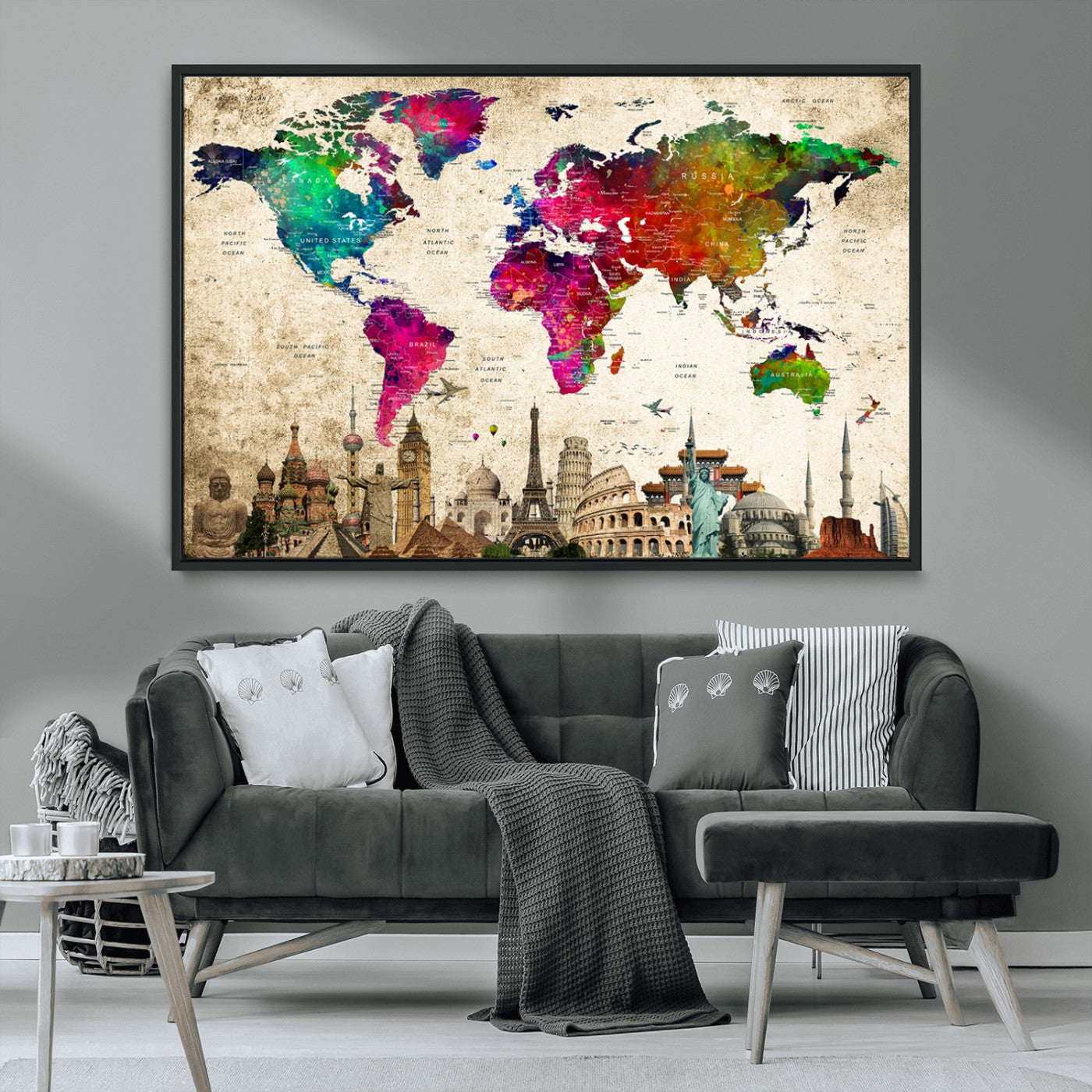 MGV-FC-36X24 - Push Pin World Map Canvas Print – Framed Wall Art for Couples to Track Their Travels – Anniversary