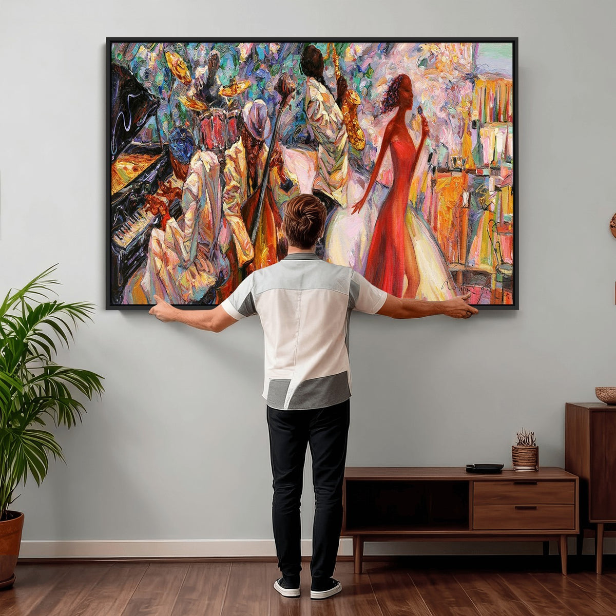 40574-_Poster-30x20 - Afro American Jazz Band Canvas Wall Art | 3 Panel Music Studio Decor
