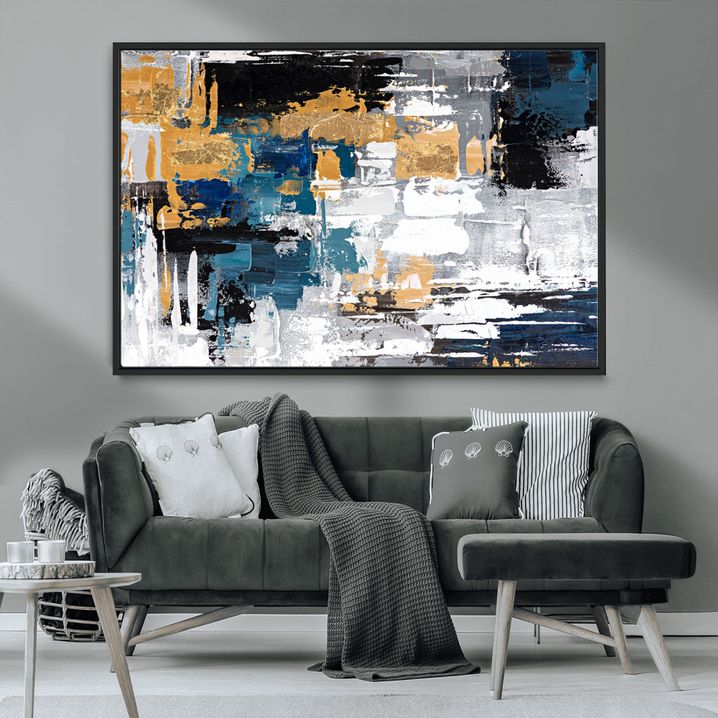 57708-MGV-CV-36X24-Blue and Gold Abstract Canvas Wall Art – Triptych Modern Painting for Living Room – Framed and Ready to Hang