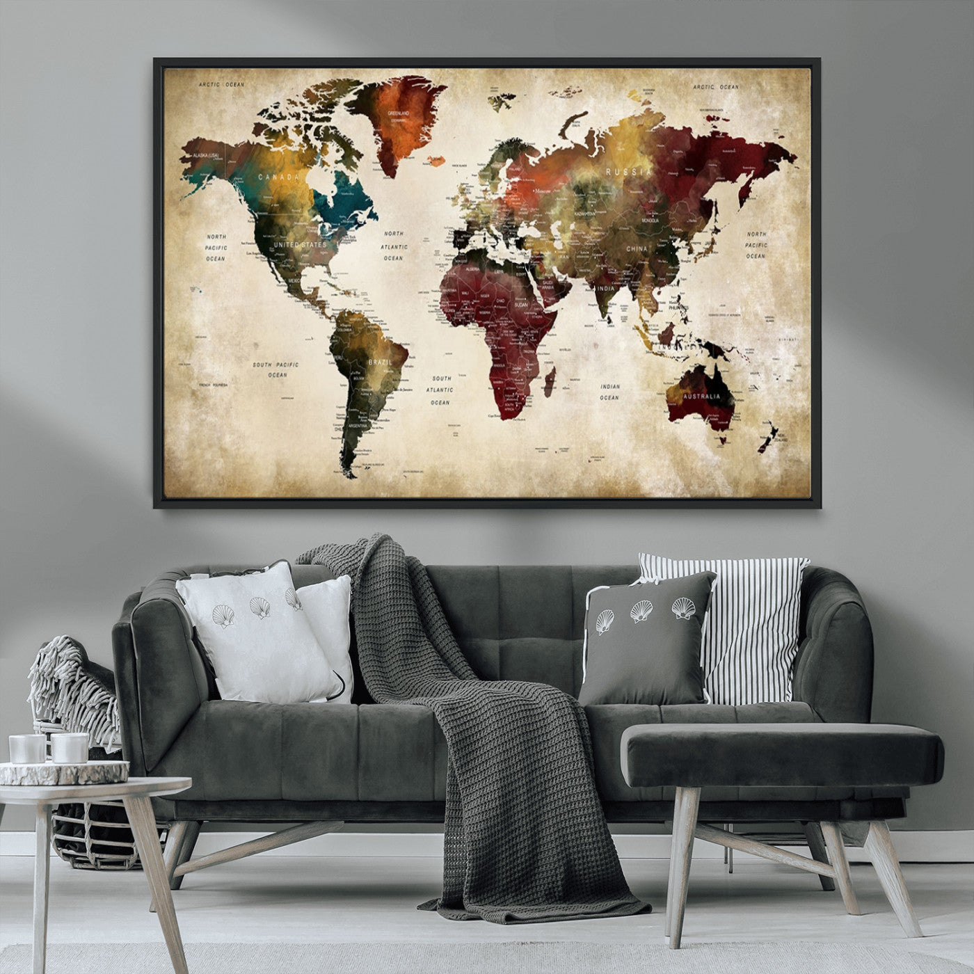 MGV-FC-36X24 - Large World Map Wall Art Canvas Print, Framed Push Pin Map Art Picture Print, Abstract Traveller Map Perfect Modern Decor Artwork