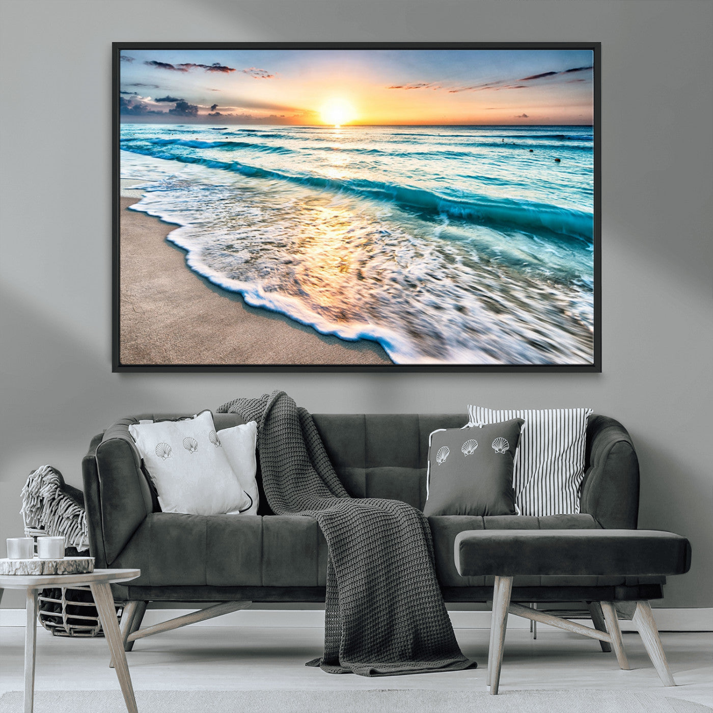 MGV-FC-36X24 - Sunset Beach Waves Canvas Wall Art – 5-Panel Ocean Sunset Print – Coastal Decor for Living Room or