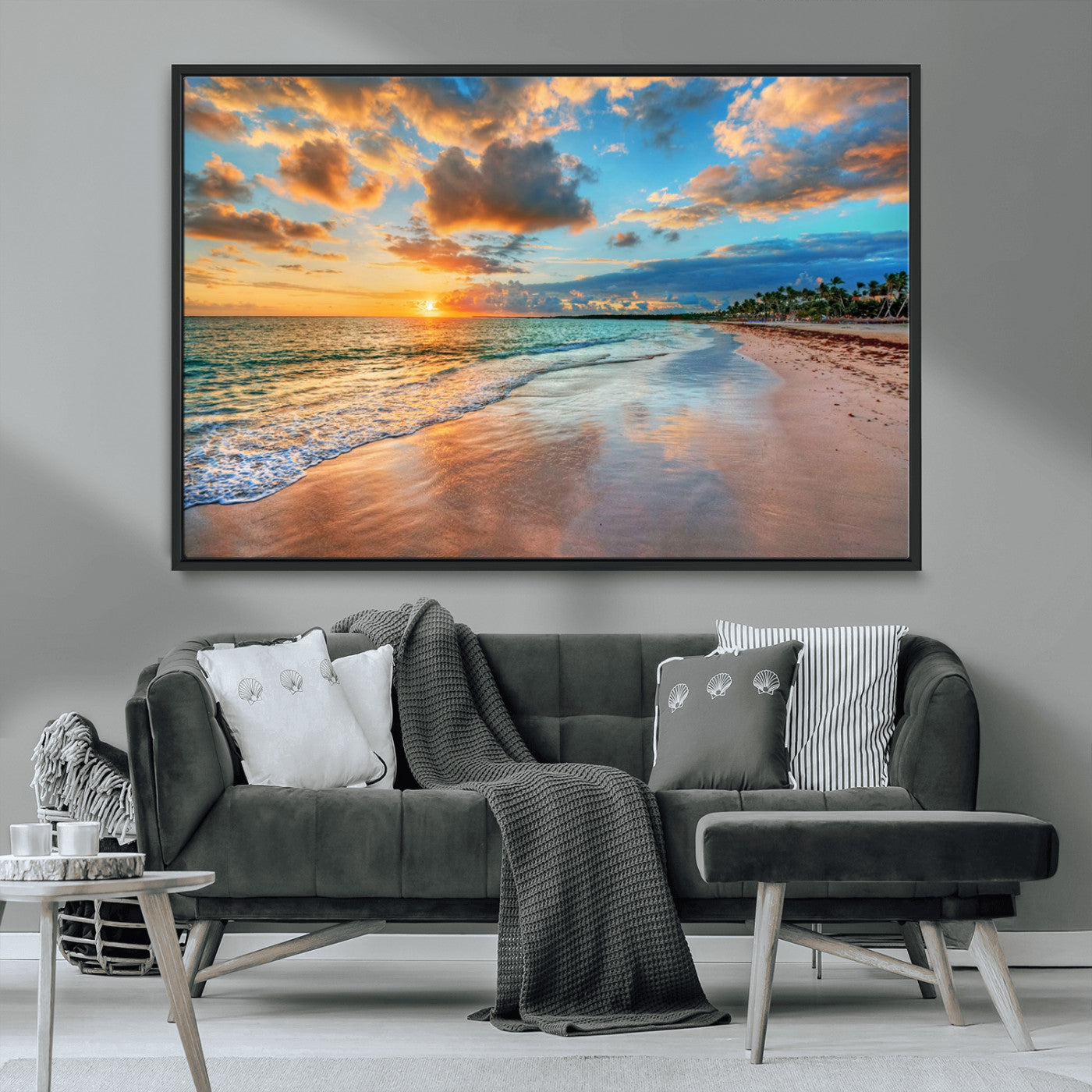 MGV-FC-36X24 - Sunset Ocean Waves on Tropical Beach, 3-Panel Giclee Canvas Art for Coastal Home Decor, Vibrant Palm-Lined Shore