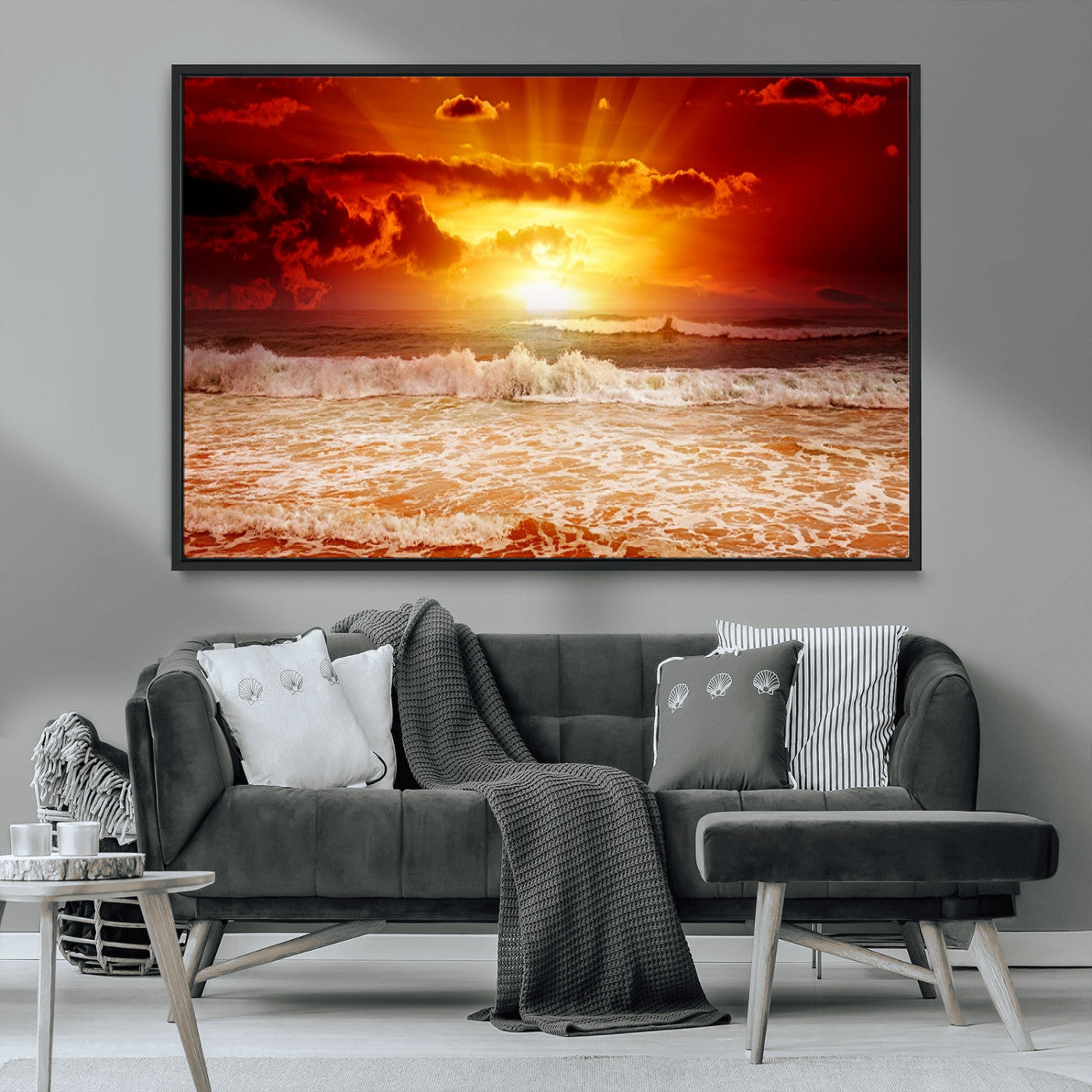 MGV-FC-36X24 - Red Sunset Ocean Beach Canvas Wall Art Beach Canvas, Coastal Sunset Print