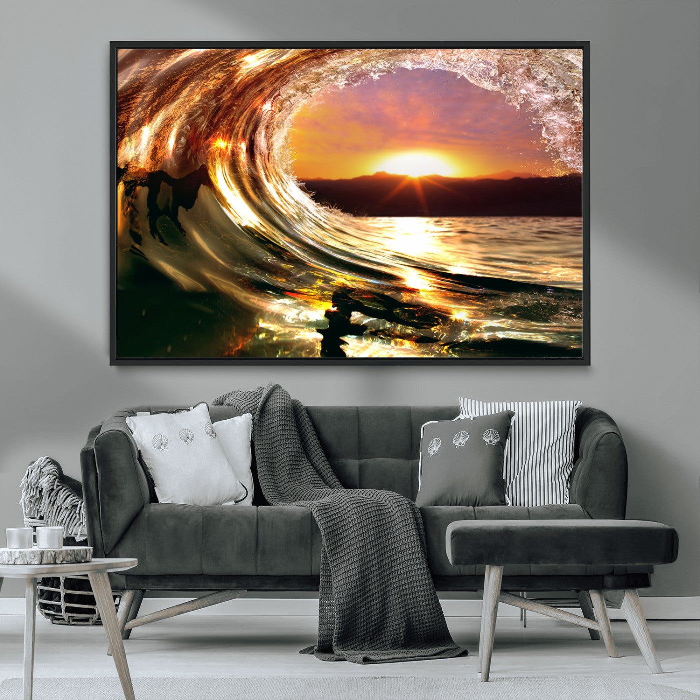 MGV-FC-36X24 - Golden Wave Sunset Triptych Canvas Art, Giclee Canvas Print of Ocean Wave and Sunset, Framed Ocean