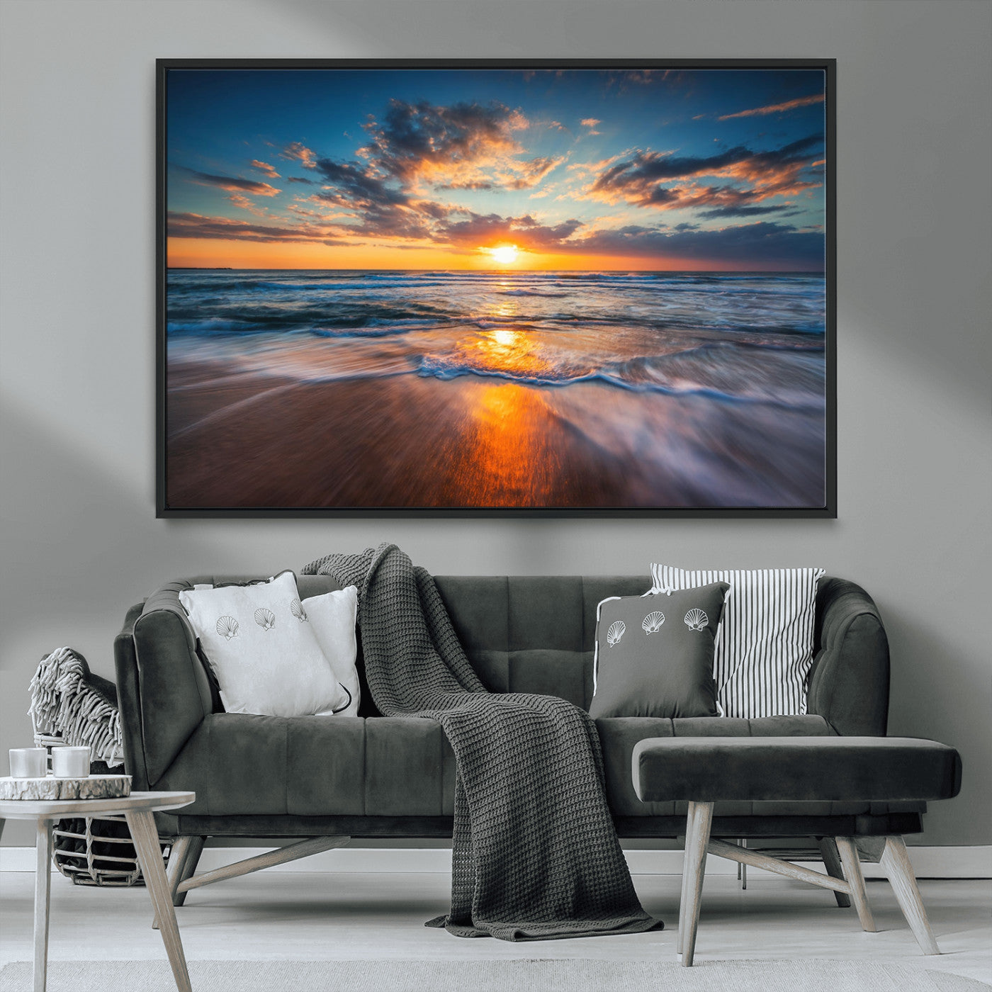 MGV-FC-36X24 - Sunset on the Ocean Beach with Waves, Reflections on Sand, Coastal Wall Art Print, Beach Wall Art,