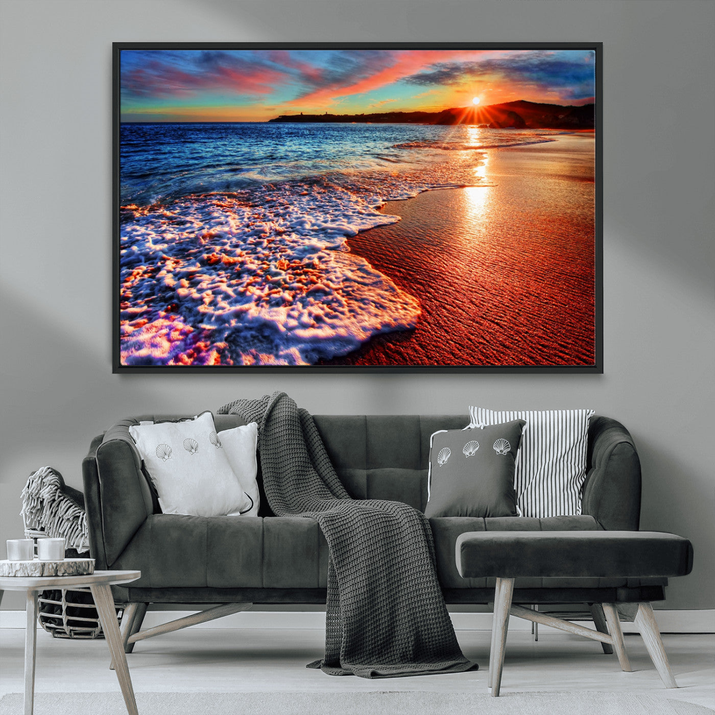 MGV-FC-36X24 - Colorful Coastal Sunset on the Beach Canvas Print, Ocean Waves Crashing at Dusk, Multi-Panel Seascape Vibrant Coastal Wall Art Canvas Print