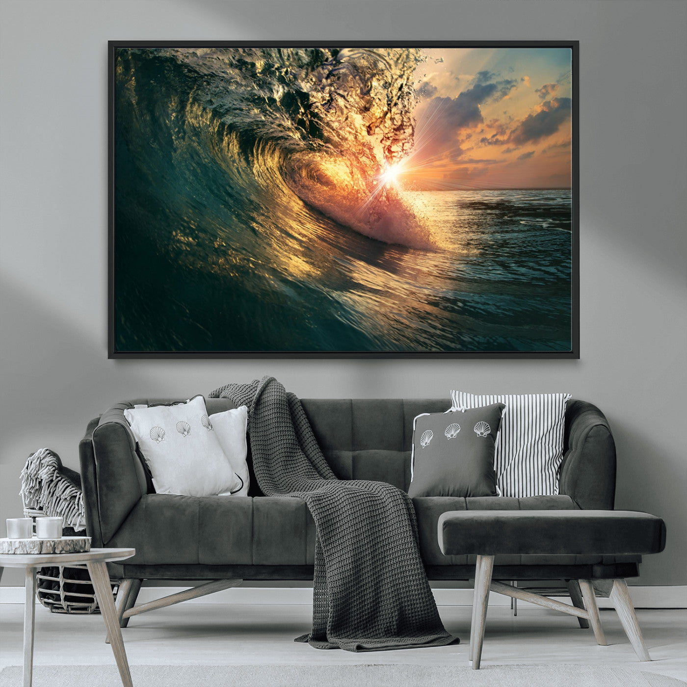 MGV-FC-36X24 - Ocean Wave Sunset Canvas Wall Art – Triptych Seascape Print – Framed and Ready to Hang for Living Room or Office