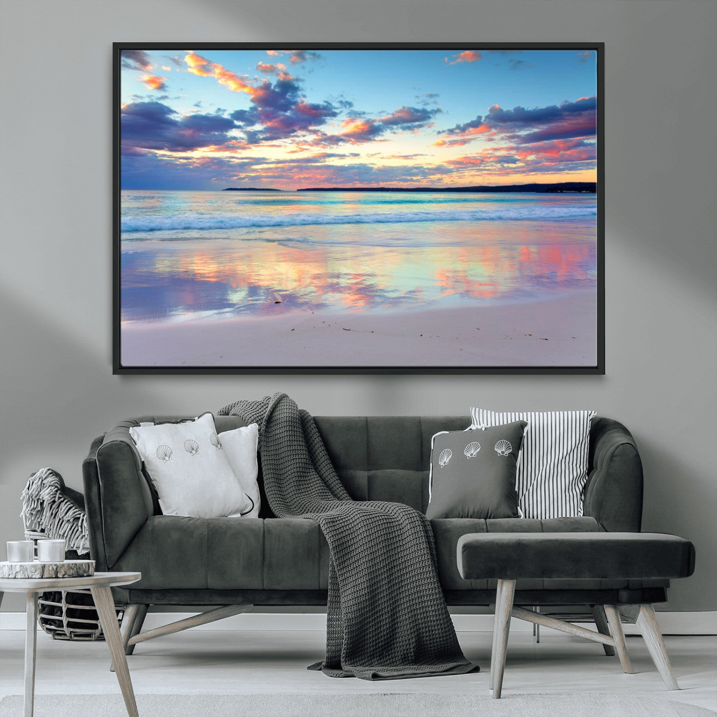 MGV-FC-36X24 - Tranquil Pastel Sunset Beach Triptych Canvas Art, Soothing Coastal Ocean Shoreline Giclee Print, Beach Reflections Wall Decor for Serene Spaces