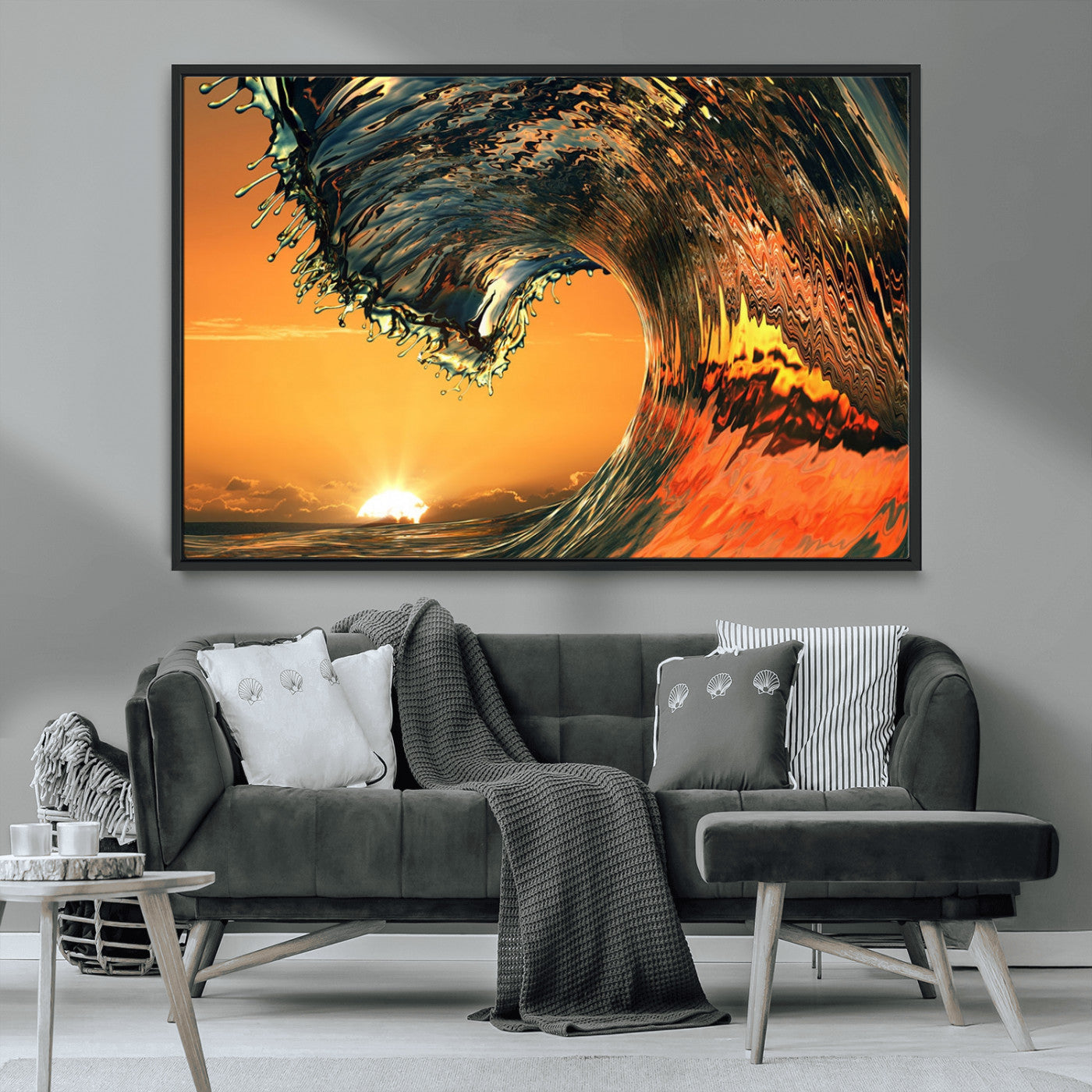96977-MGV-FC-36X24_Black-Surf Wave Sunset Canvas Wall Art Print, 3-Panel Ocean Coastal Wall Art Print, Ocean Decor for