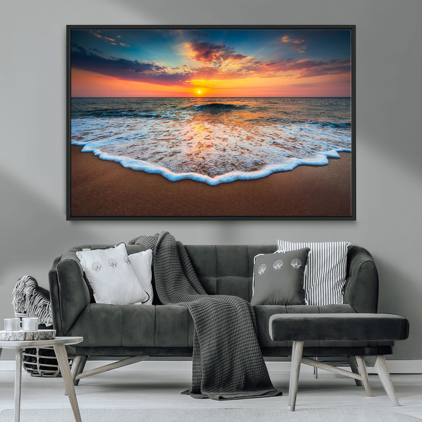 MGV-FC-36X24 - Sunset Beach Canvas Wall Art – Colorful Ocean Waves Triptych – Coastal Decor for Living Room or Bedroom – Framed and Ready to Hang
