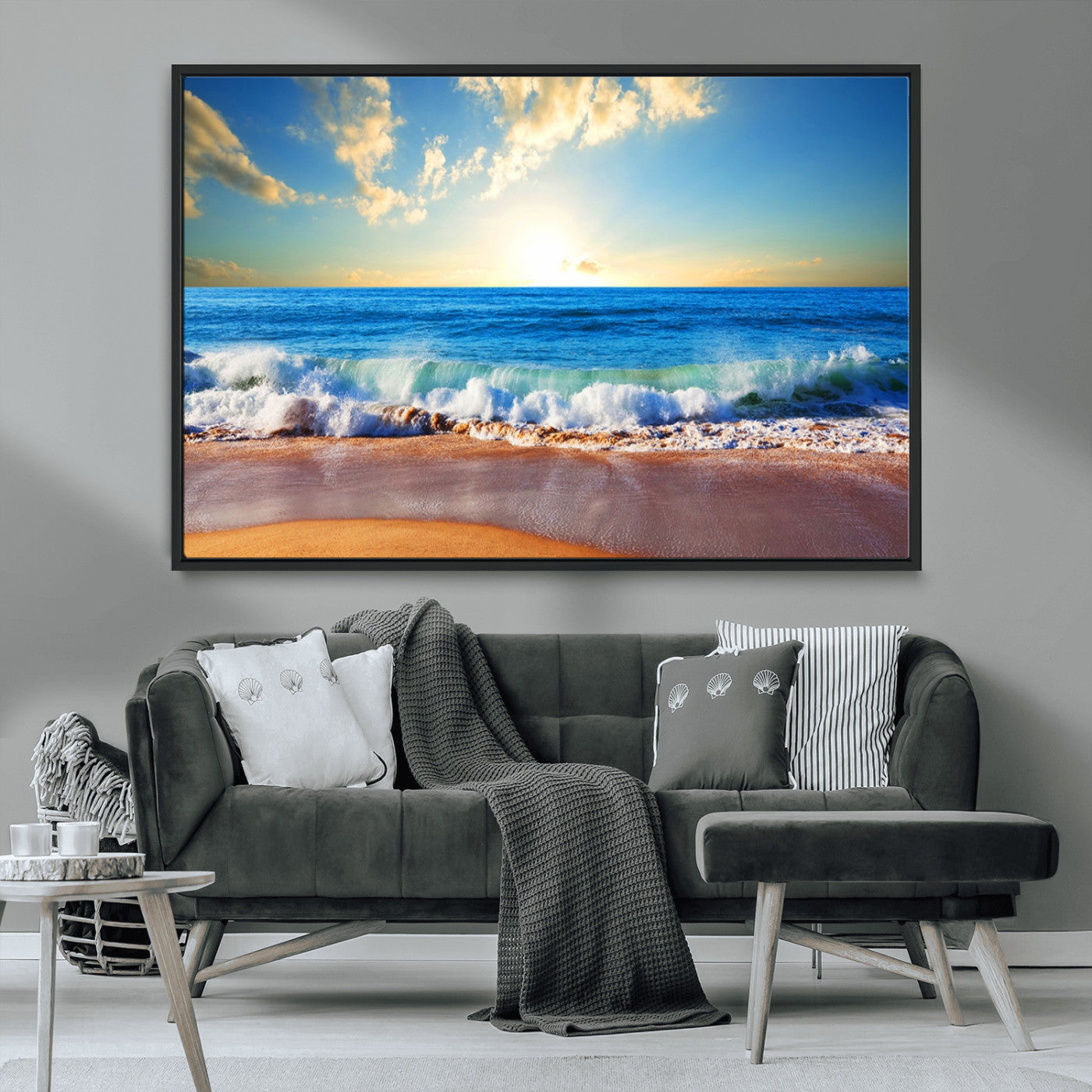 MGV-FC-36X24 - Tropical Beach Sunset Canvas Art, Ocean Waves and Sandy Shoreline Wall Art, Large Beach Decor for Coastal Homes