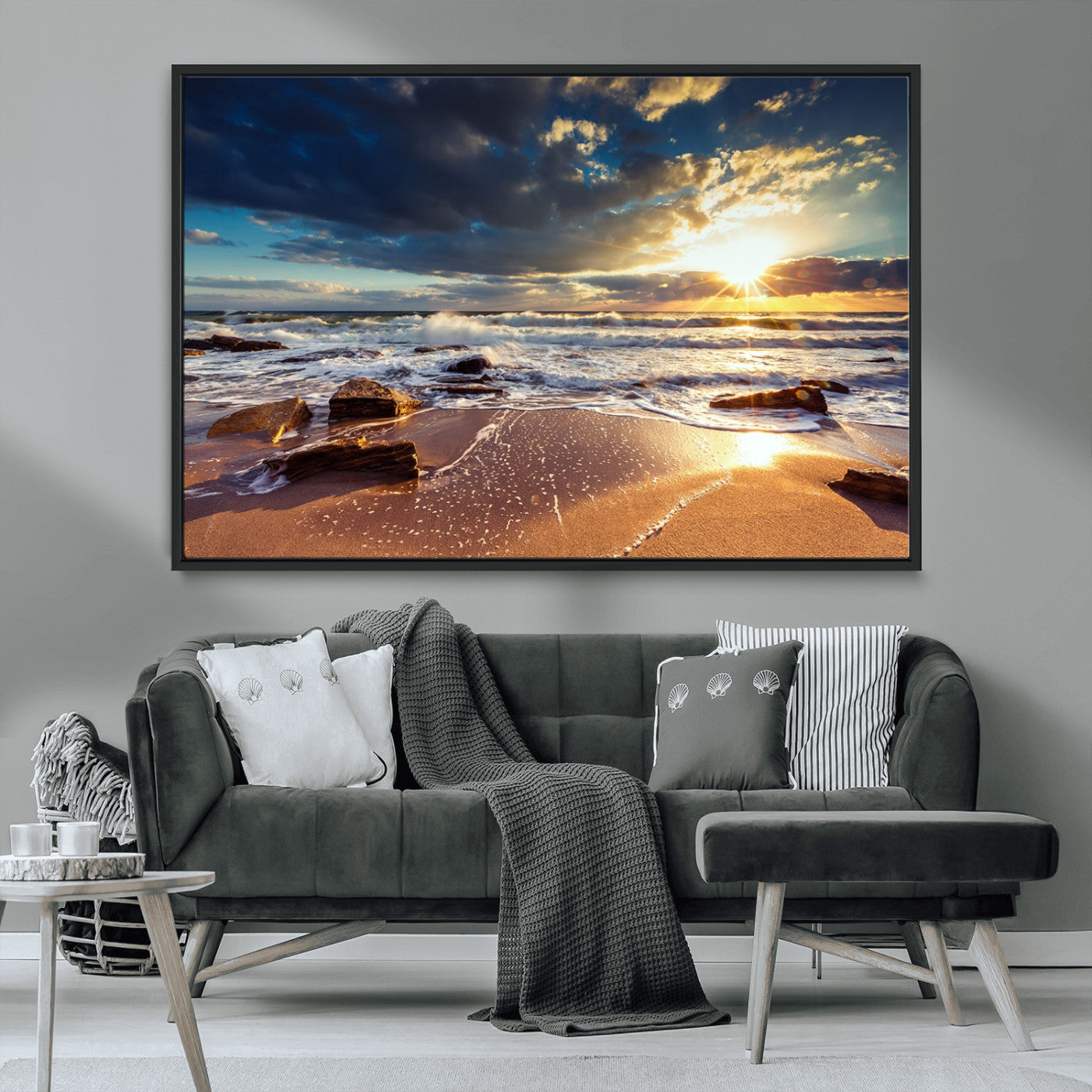 MGV-FC-36X24 - Golden Hour Beach Sunset Canvas Triptych, Ocean Waves and Rocks Wall Art for Coastal Home Decor