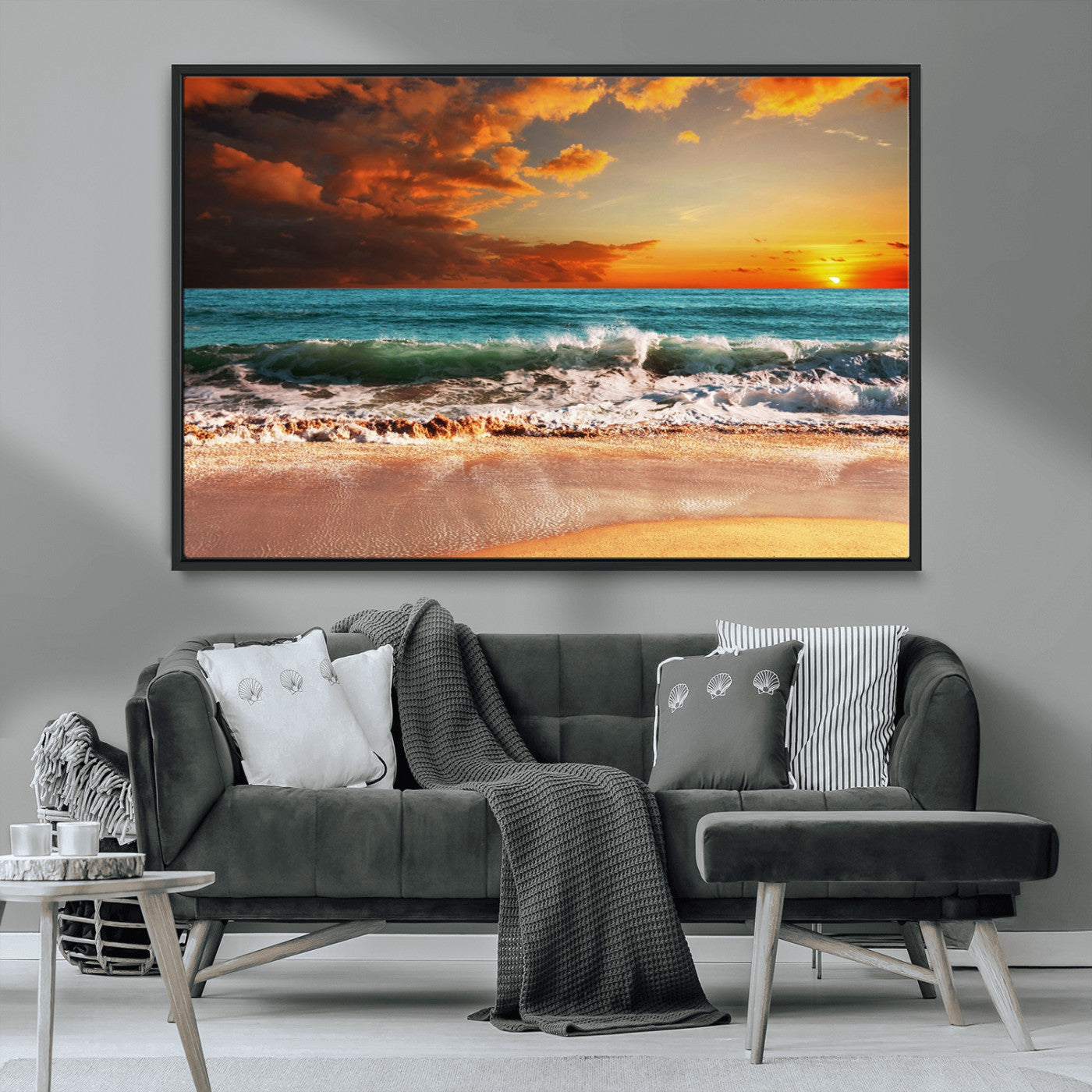 MGV-FC-36X24 - Golden Sunset Beach Canvas Wall Art – Triptych Seascape Print – Framed and Ready to Hang for Living Room or Office