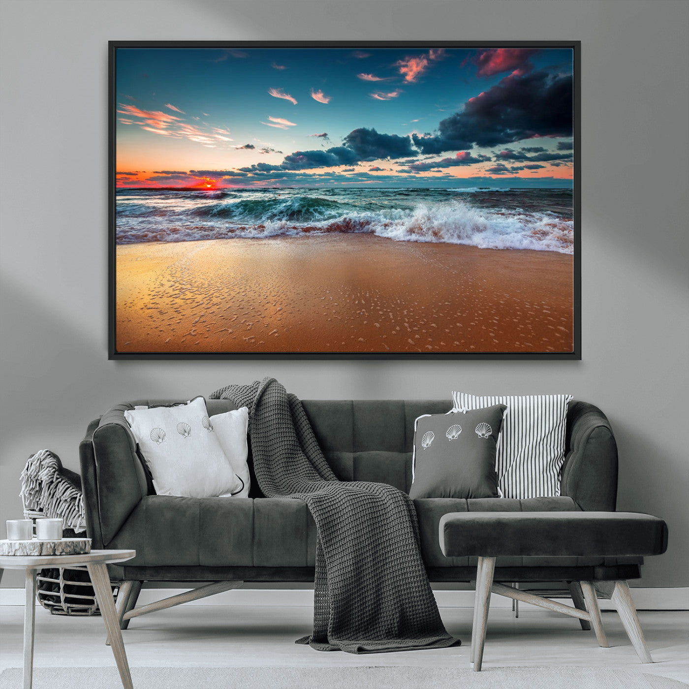 MGV-FC-36X24 - Sunset Ocean Beach Wall Art – Giclee Canvas Print, Coastal Seascape, Ready to Hang, Beach Decor, Large 3-Panel Set for Living Room