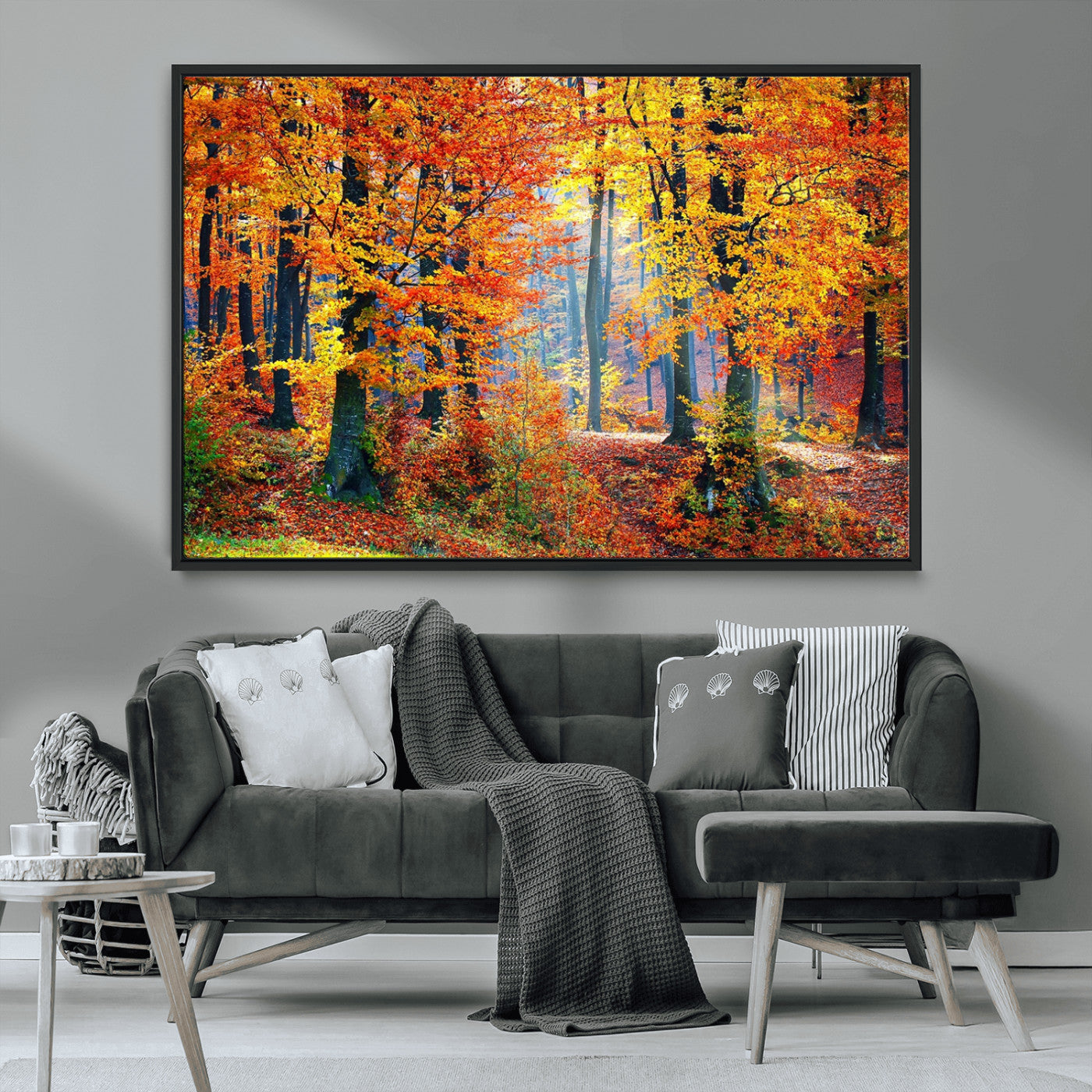 MGV-FC-36X24 - Autumn Red Forest Triptych Canvas Wall Art Print, Forest Wall Decor, Fall Landscape Art | Season Nature Landscape for Home or Office