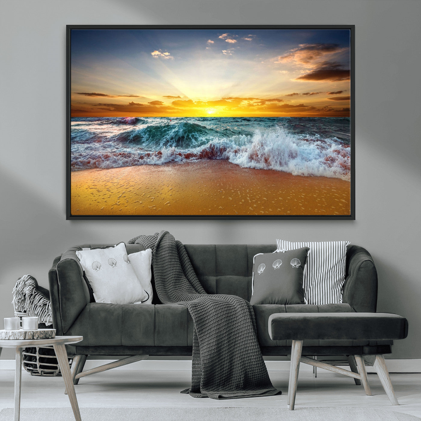 MGV-FC-36X24 - Golden Sunset Ocean Waves Wall Art Canvas Print – Multi Panel Beach Canvas Print Set – Large Coastal Triptych Print for Home or Farmhouse Decor
