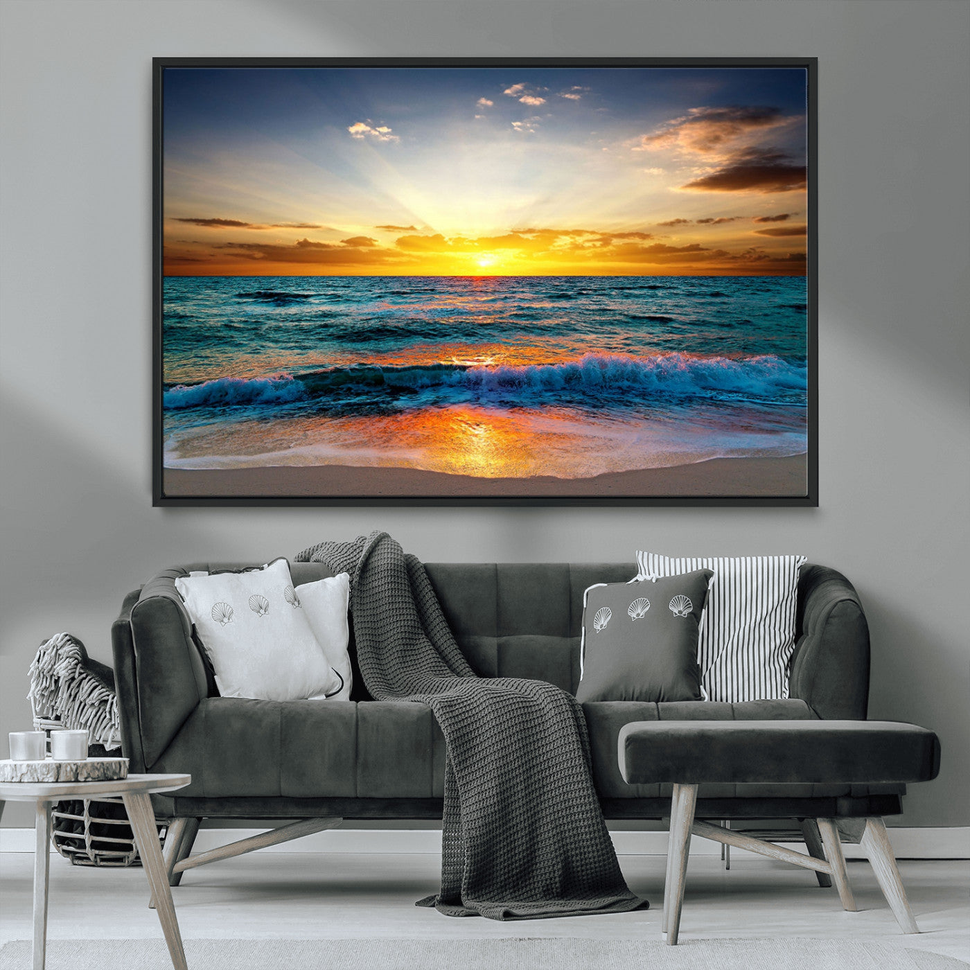 MGV-FC-36X24 - Vibrant Ocean Sunrise Over Golden Beach Waves, Giclee Canvas Wall Art Set, High-Quality Stretched Canvas Print, Ready to Hang Coastal Sunset Wall