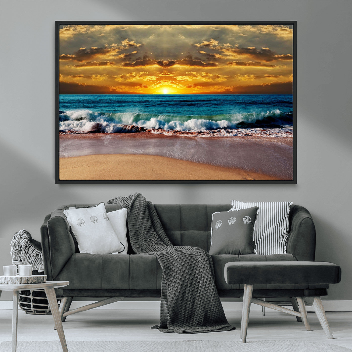 MGV-FC-36X24 - Ocean Sunrise Over Golden Beach Waves, Giclee Canvas Wall Art Set, High-Quality Stretched Canvas Print, Ready to Hang Coastal Sunset Wall Decor