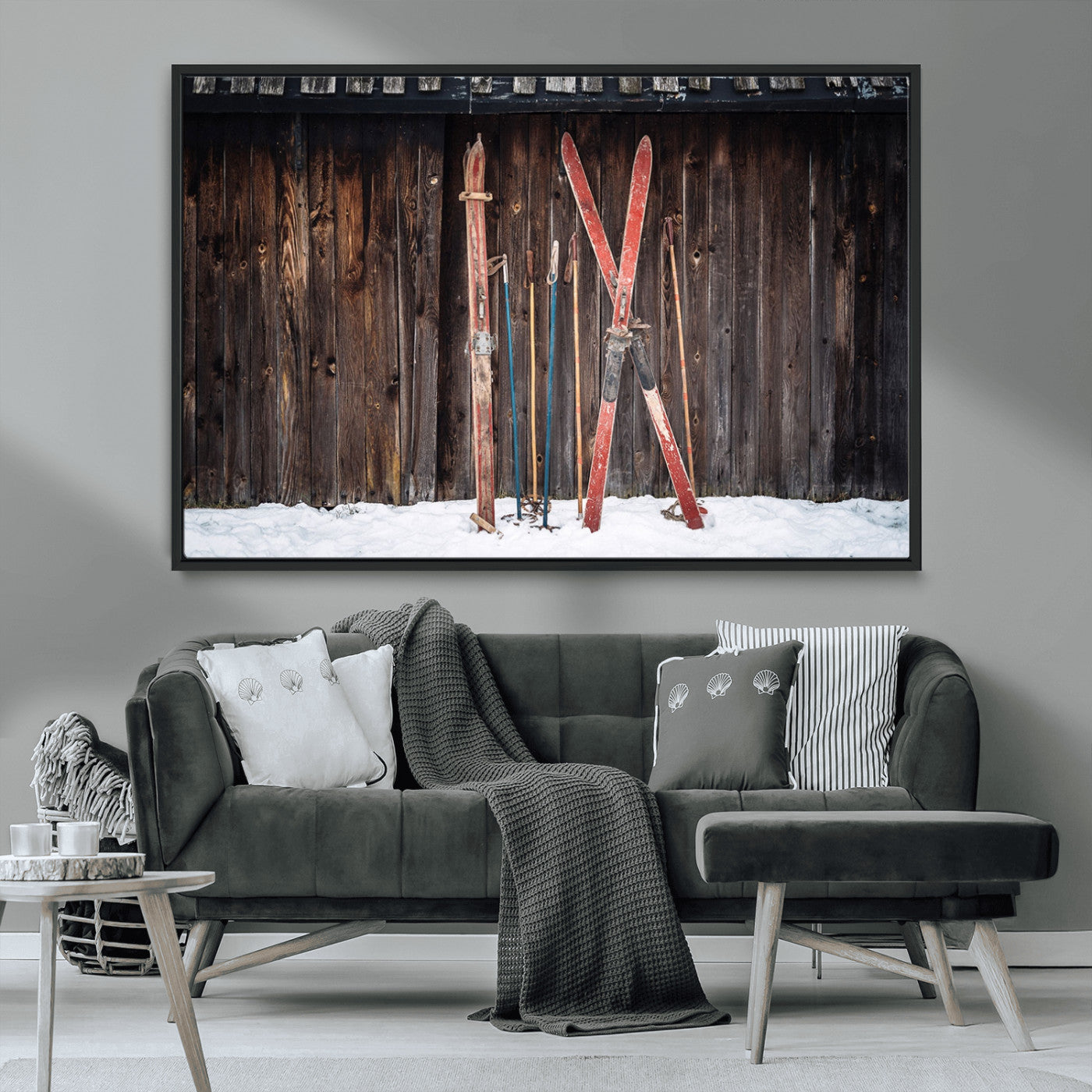 MGV-FC-36X24 - Vintage Ski Gear Against Wooden Cabin Wall, Rustic Winter Sports Equipment Canvas Print, Ready to Hang Wall Art, Perfect for Lodge or Ski Cabin Decor