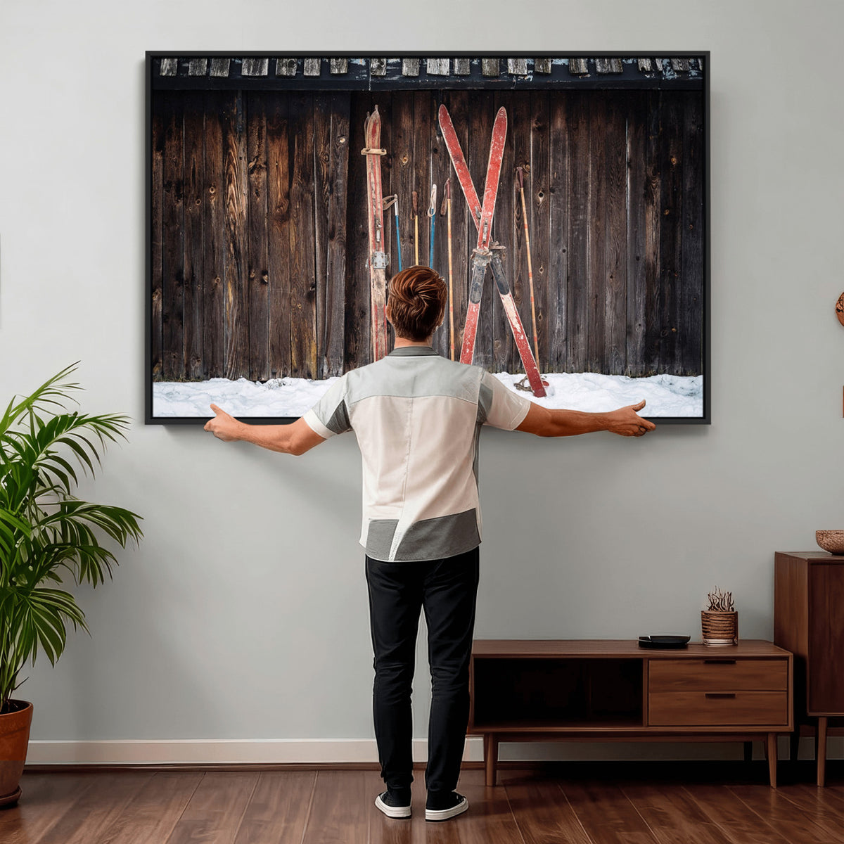 78590-MGV-CV-36X24 - Vintage Ski Gear Canvas Print, Vintage Ski Gear Against Wooden Cabin Wall