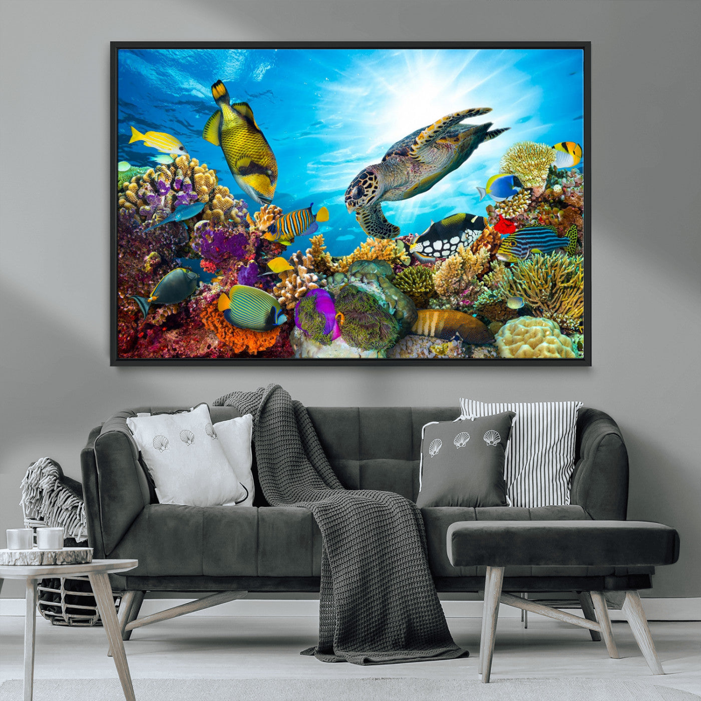MGV-FC-36X24 - Sea Turtle Coral Reef Wall Art Print – Colorful Underwater Canvas Print – Tropical Ocean Marine Life Artwork – Perfect for Coastal Home Decor